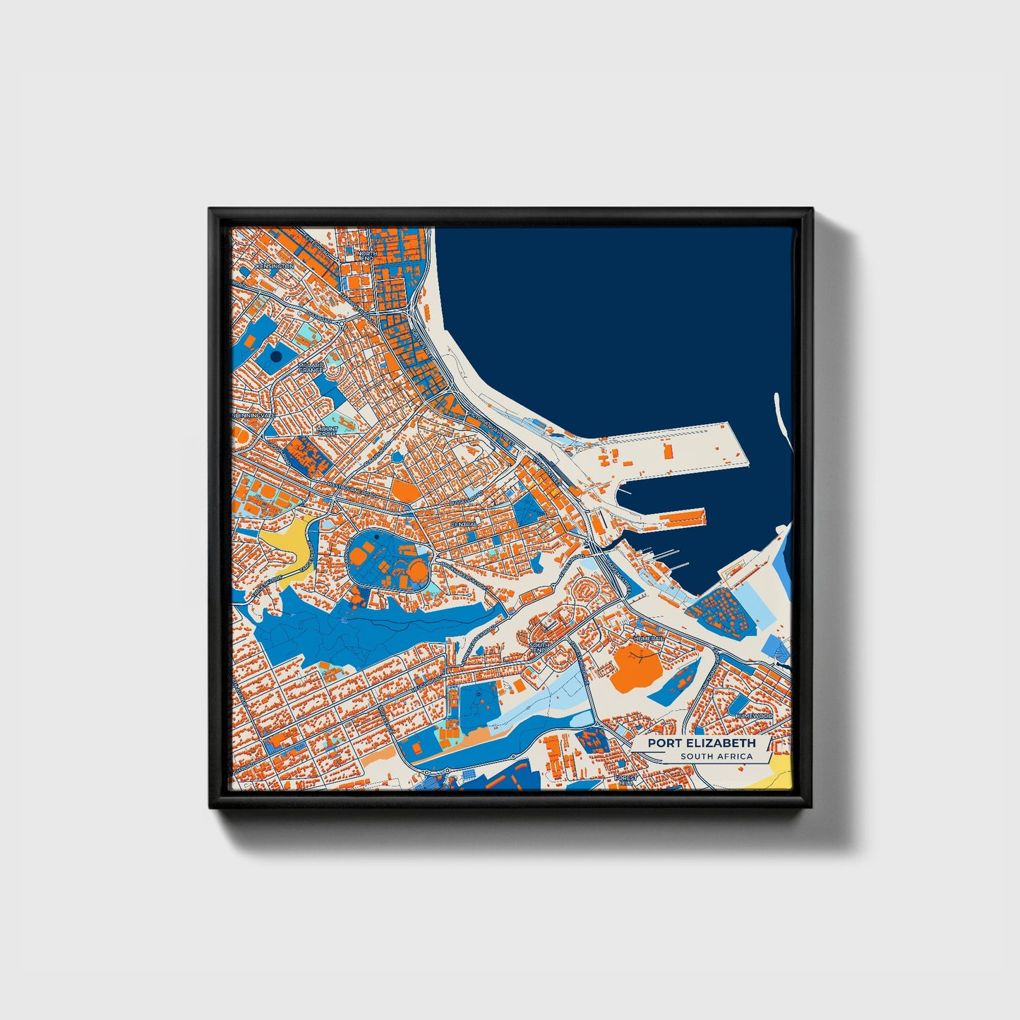 Port Elizabeth South Africa Colorful City Map Canvas Print • Black Framed