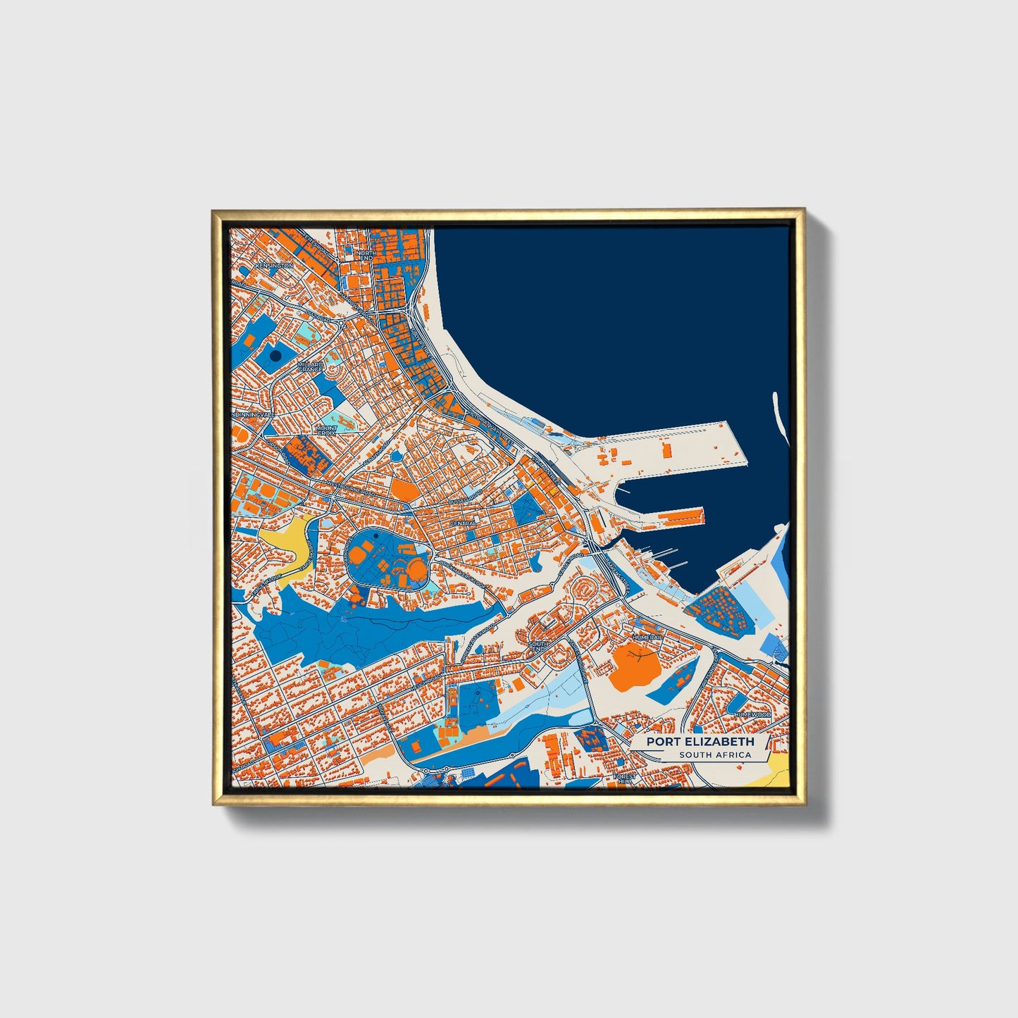 Port Elizabeth South Africa Colorful City Map Canvas Print • Gold Framed