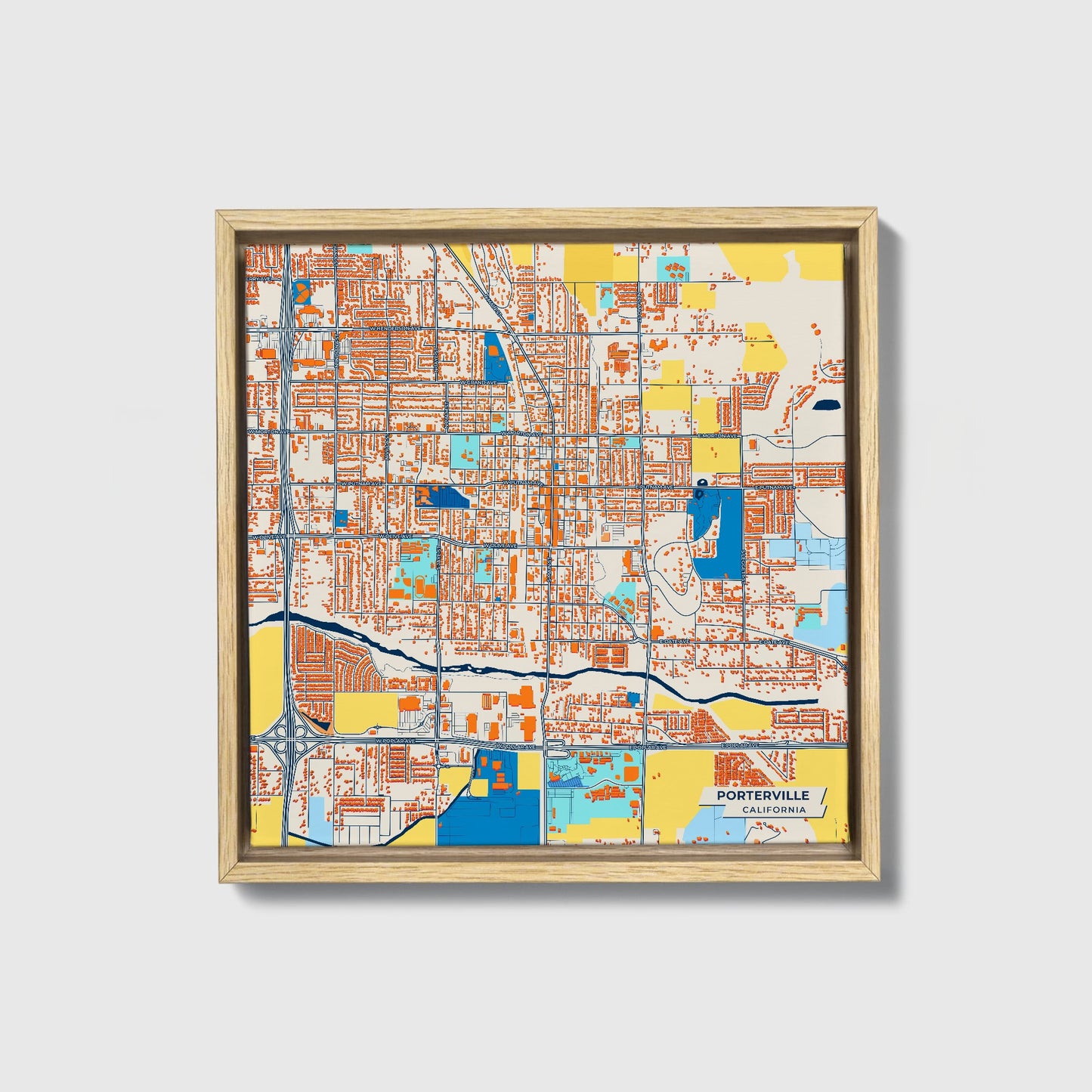 Porterville California Colorful City Map Canvas Print • Natural Wooden Framed