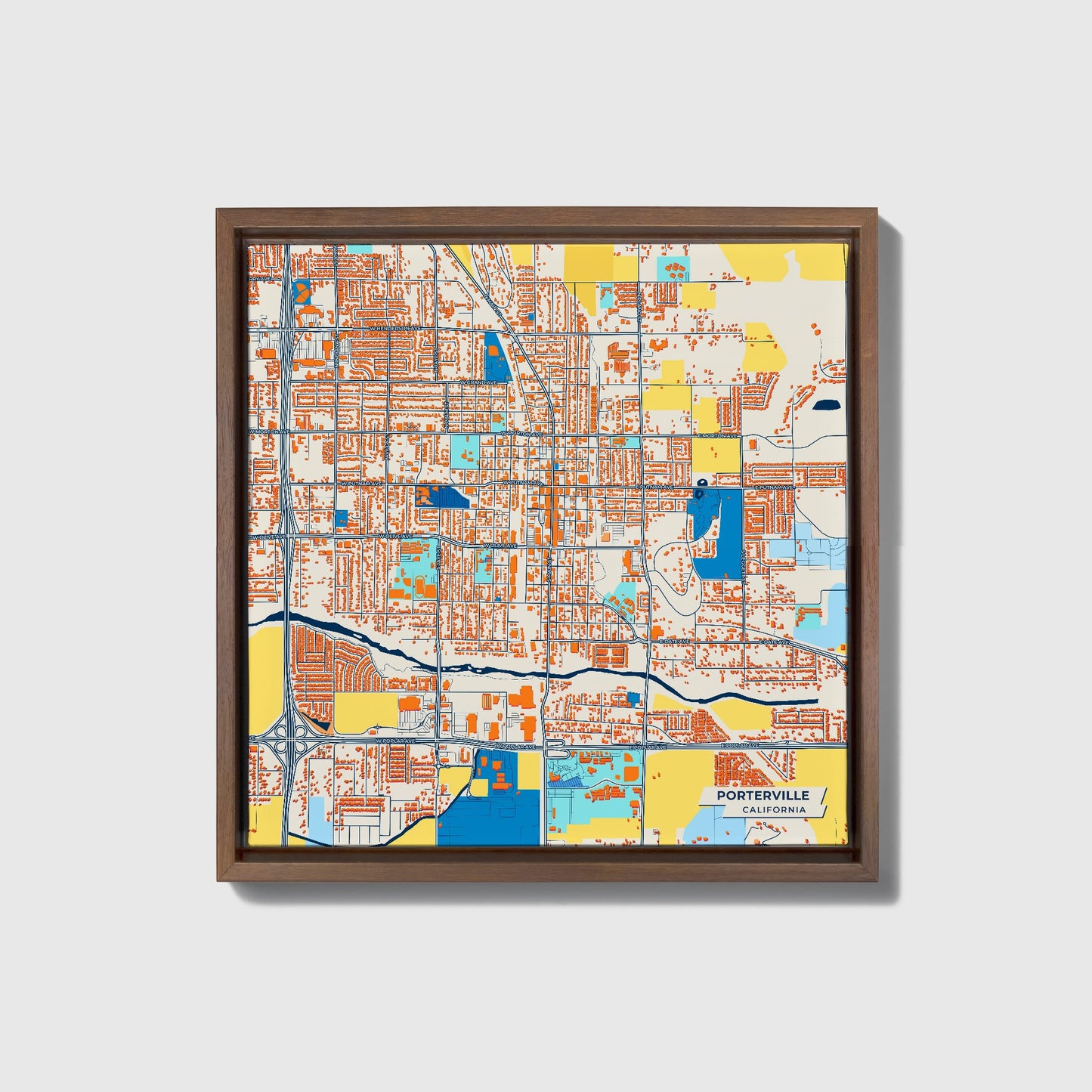 Porterville California Colorful City Map Canvas Print • Dark Wooden Framed