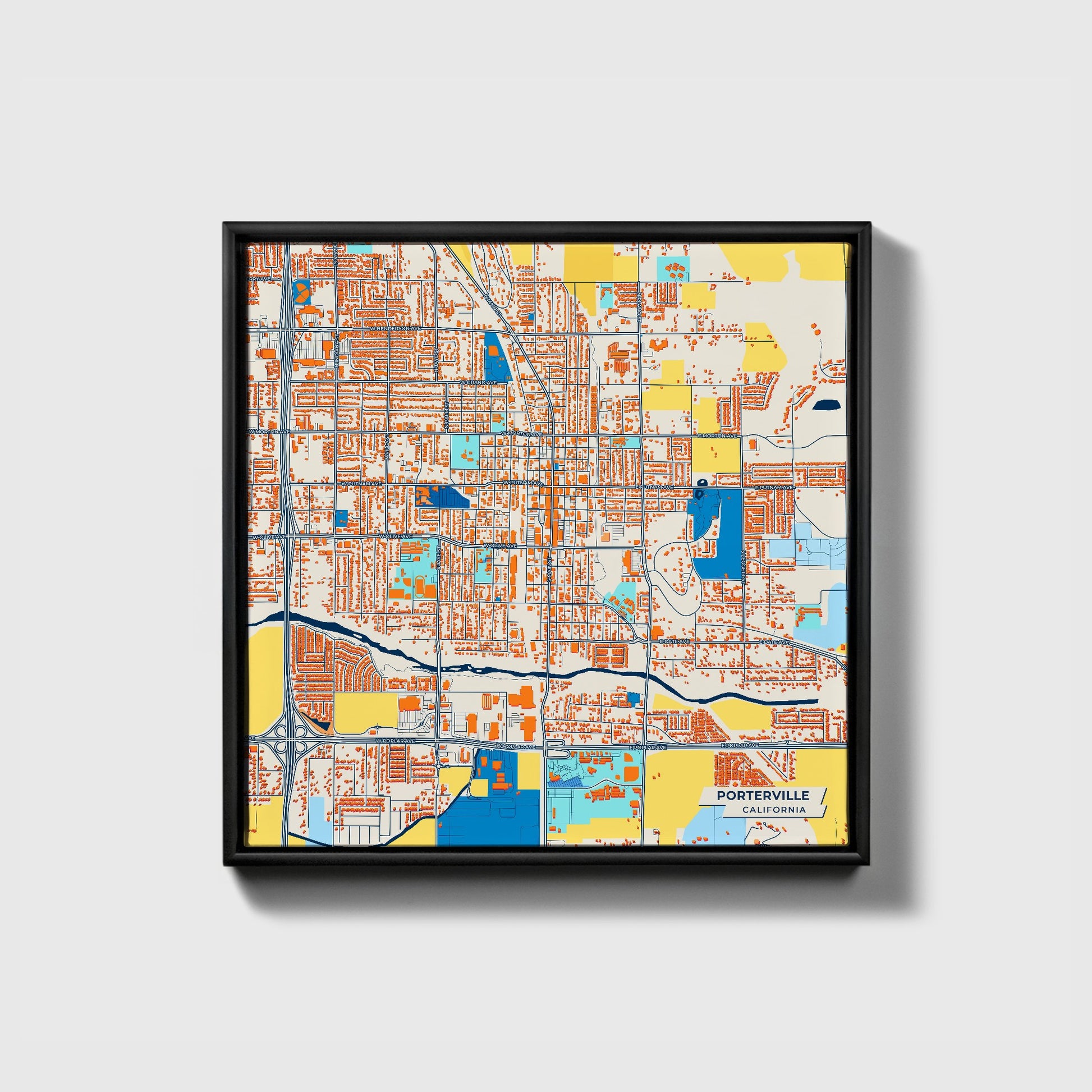 Porterville California Colorful City Map Canvas Print • Black Framed