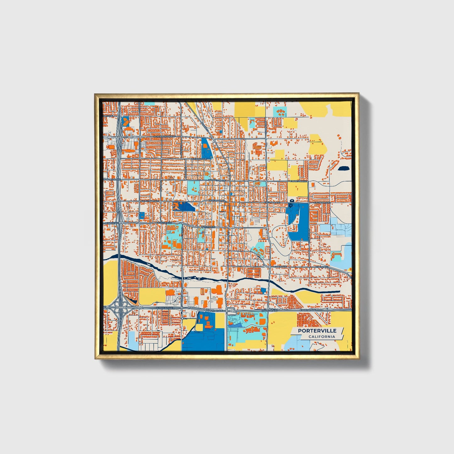 Porterville California Colorful City Map Canvas Print • Gold Framed