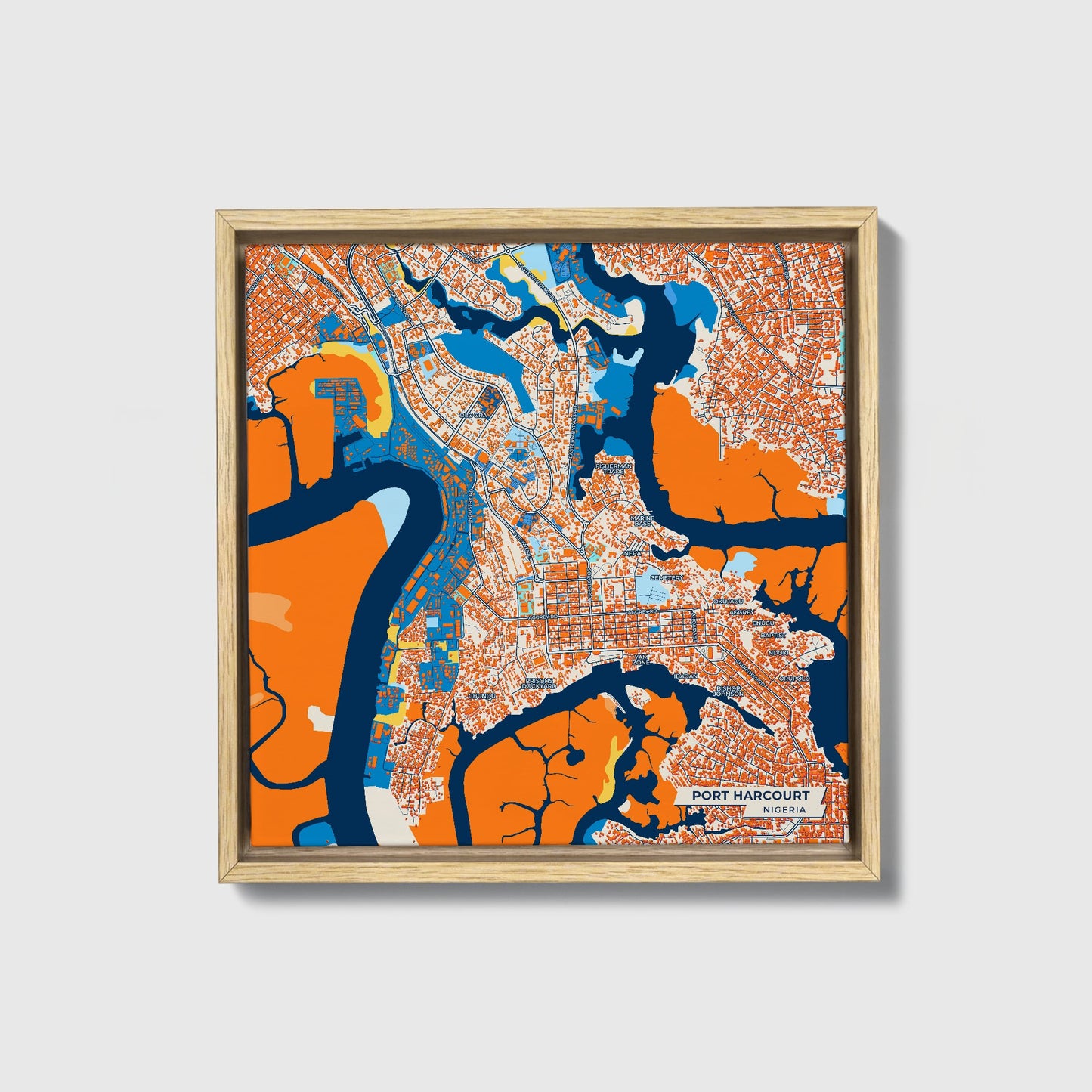 Port Harcourt Nigeria Colorful City Map Canvas Print • Natural Wooden Framed