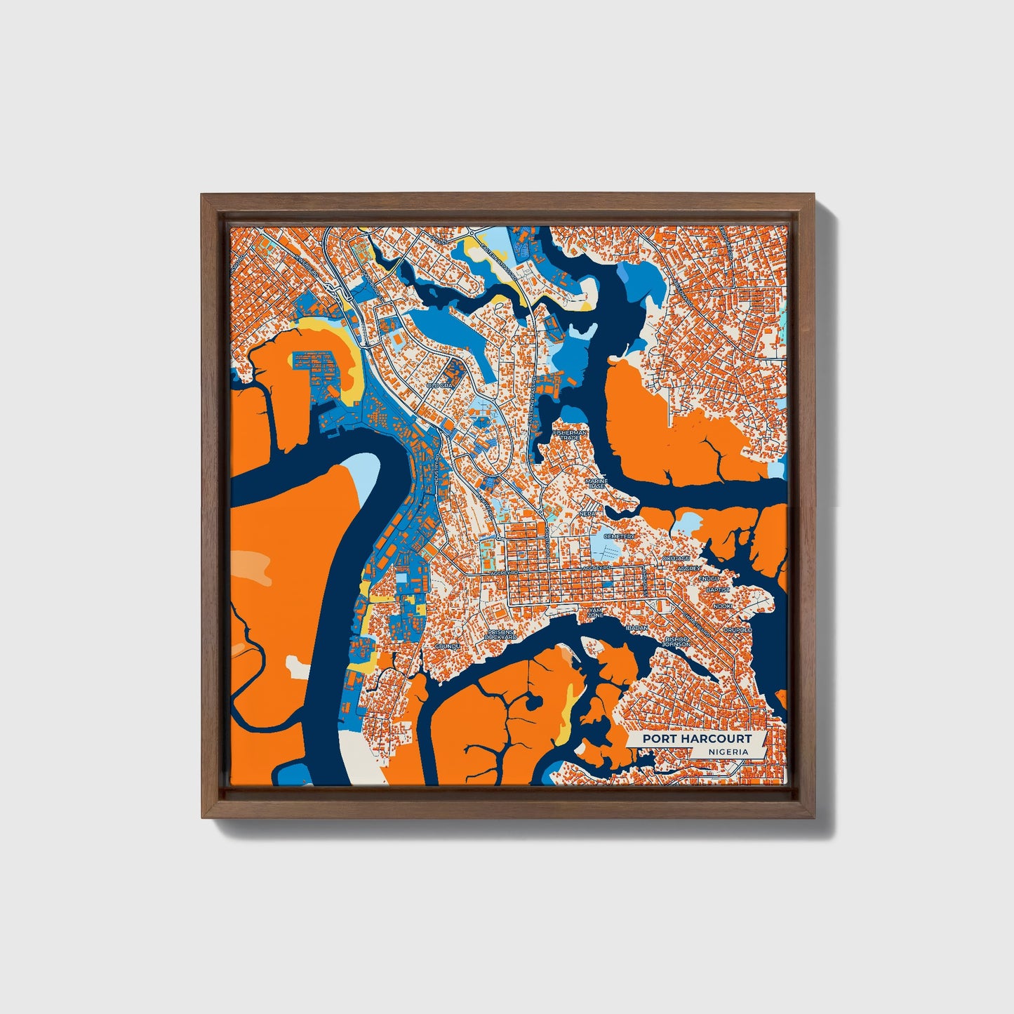 Port Harcourt Nigeria Colorful City Map Canvas Print • Dark Wooden Framed