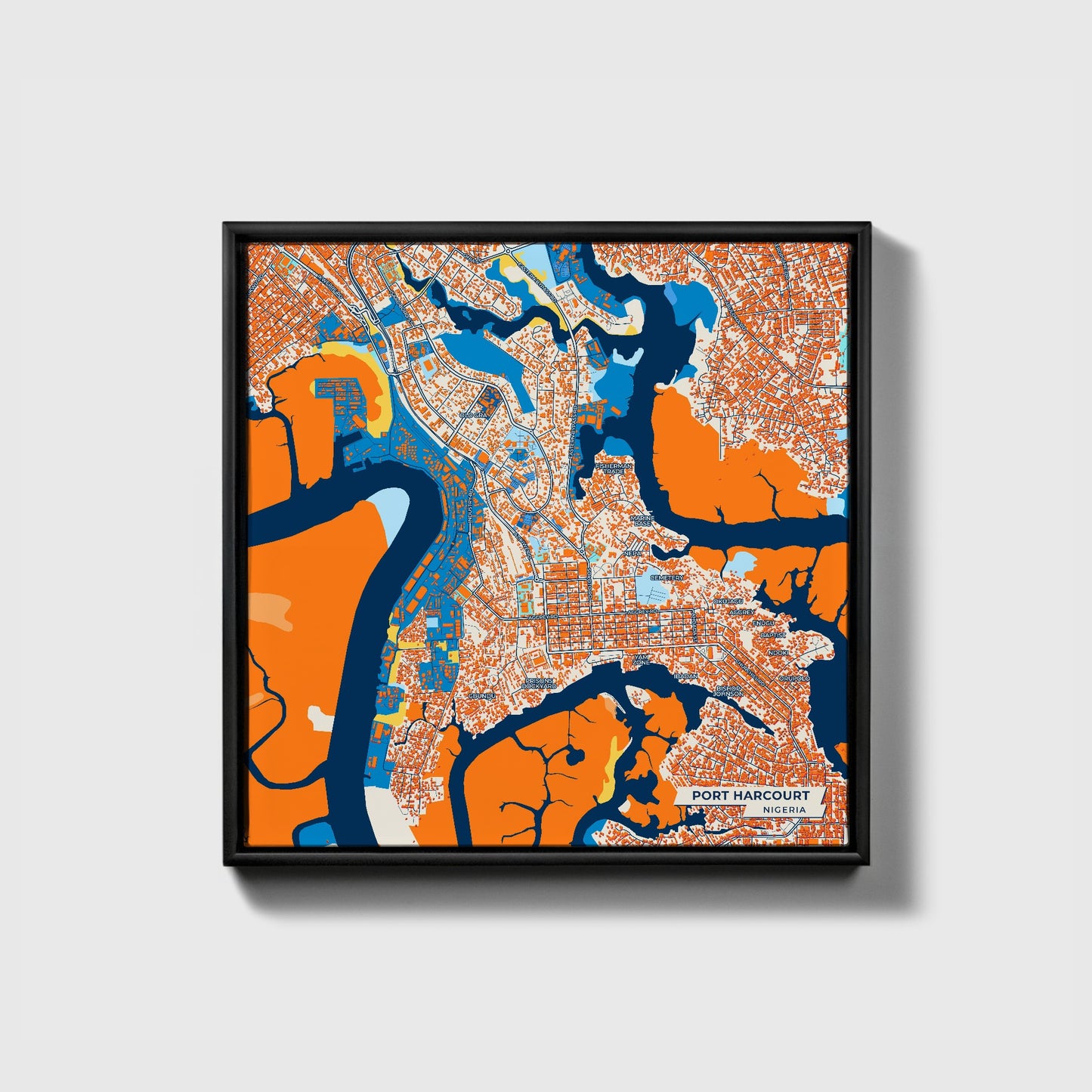 Port Harcourt Nigeria Colorful City Map Canvas Print • Black Framed