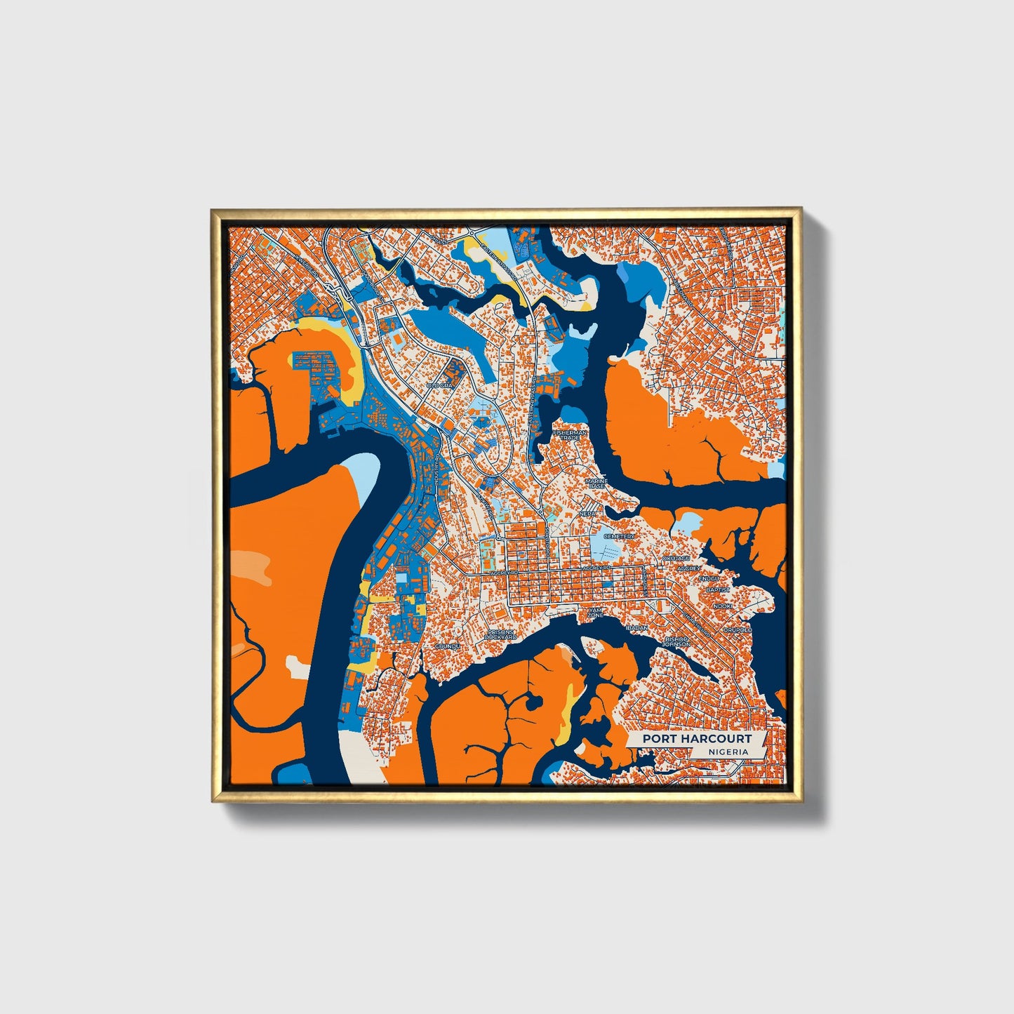 Port Harcourt Nigeria Colorful City Map Canvas Print • Gold Framed
