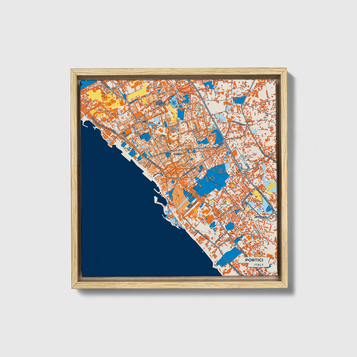 Portici Italy Colorful City Map Canvas Print • Natural Wooden Framed