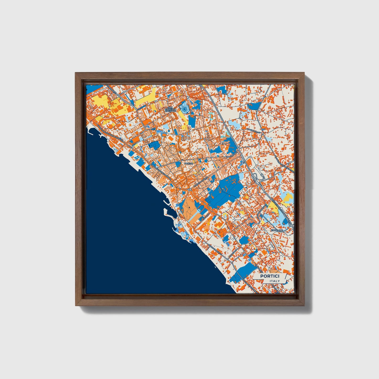 Portici Italy Colorful City Map Canvas Print • Dark Wooden Framed