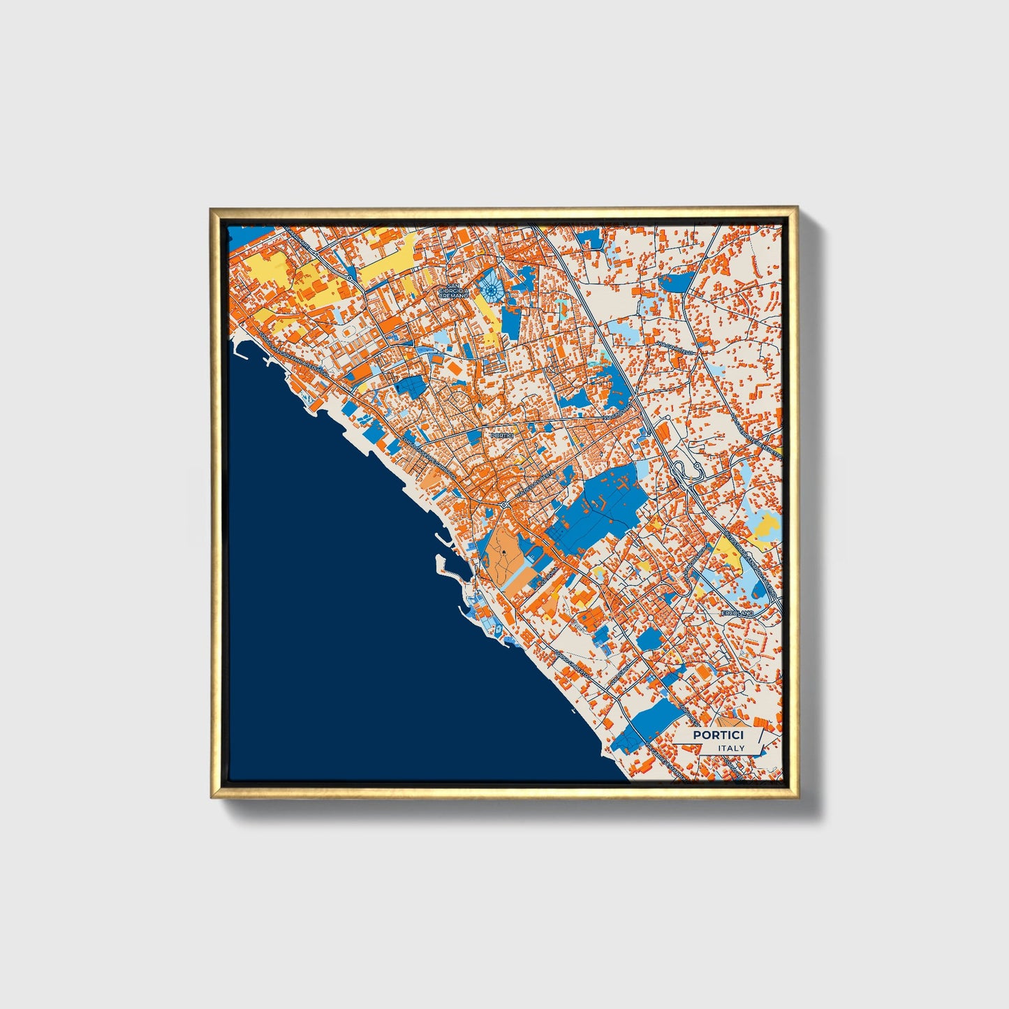 Portici Italy Colorful City Map Canvas Print • Gold Framed