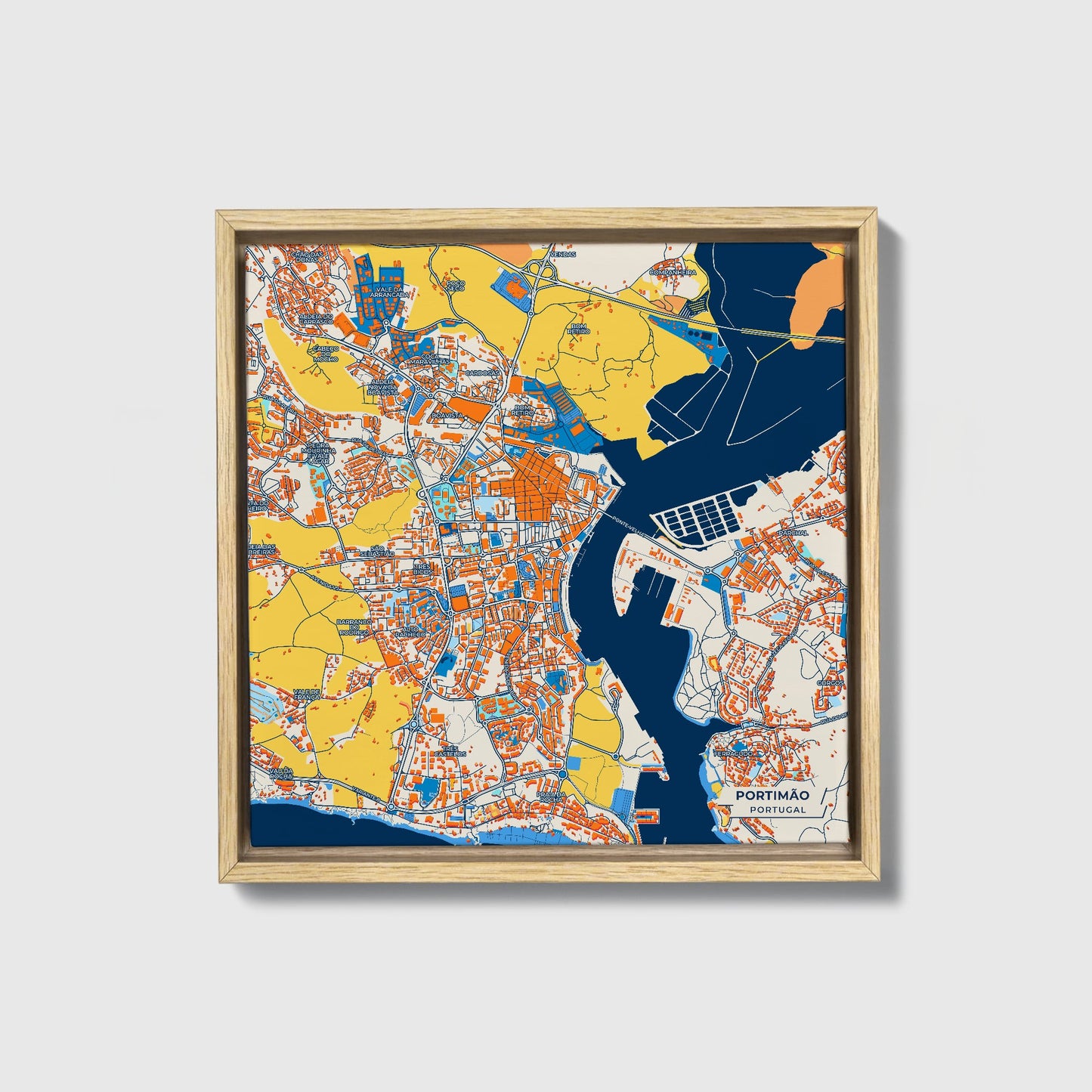 Portimão Portugal Colorful City Map Canvas Print • Natural Wooden Framed