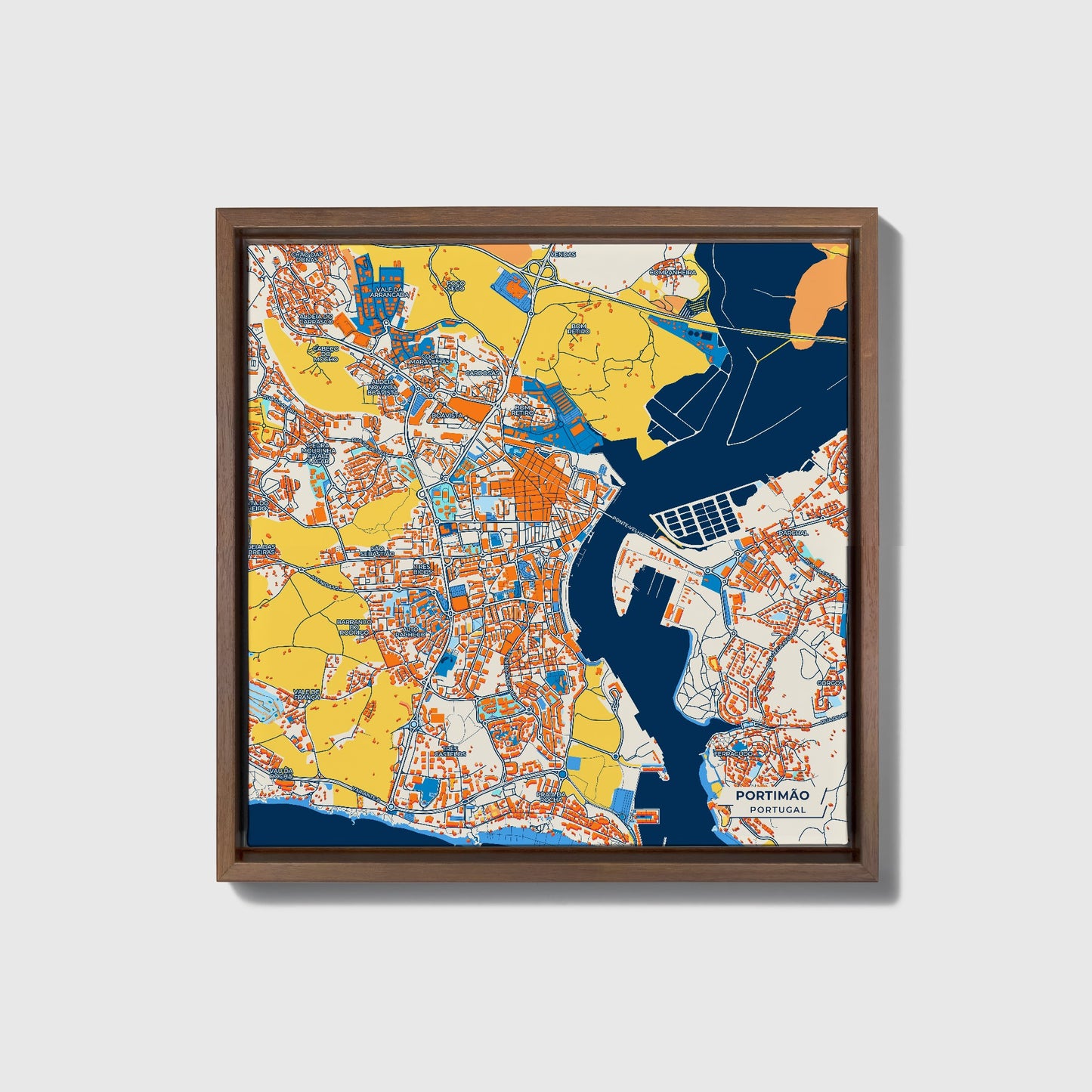 Portimão Portugal Colorful City Map Canvas Print • Dark Wooden Framed