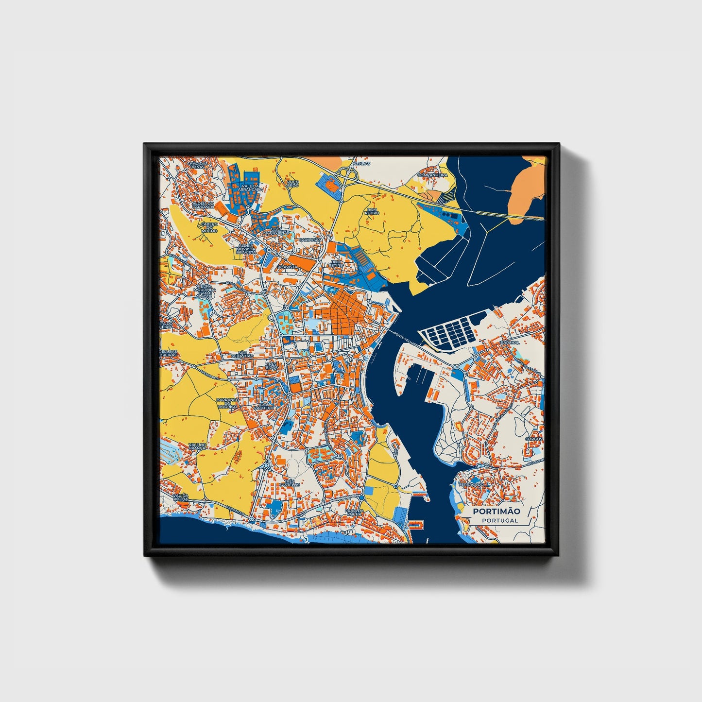Portimão Portugal Colorful City Map Canvas Print • Black Framed