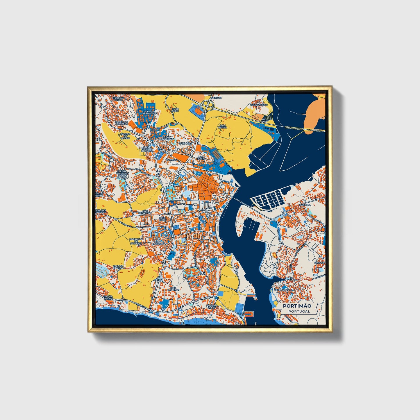 Portimão Portugal Colorful City Map Canvas Print • Gold Framed