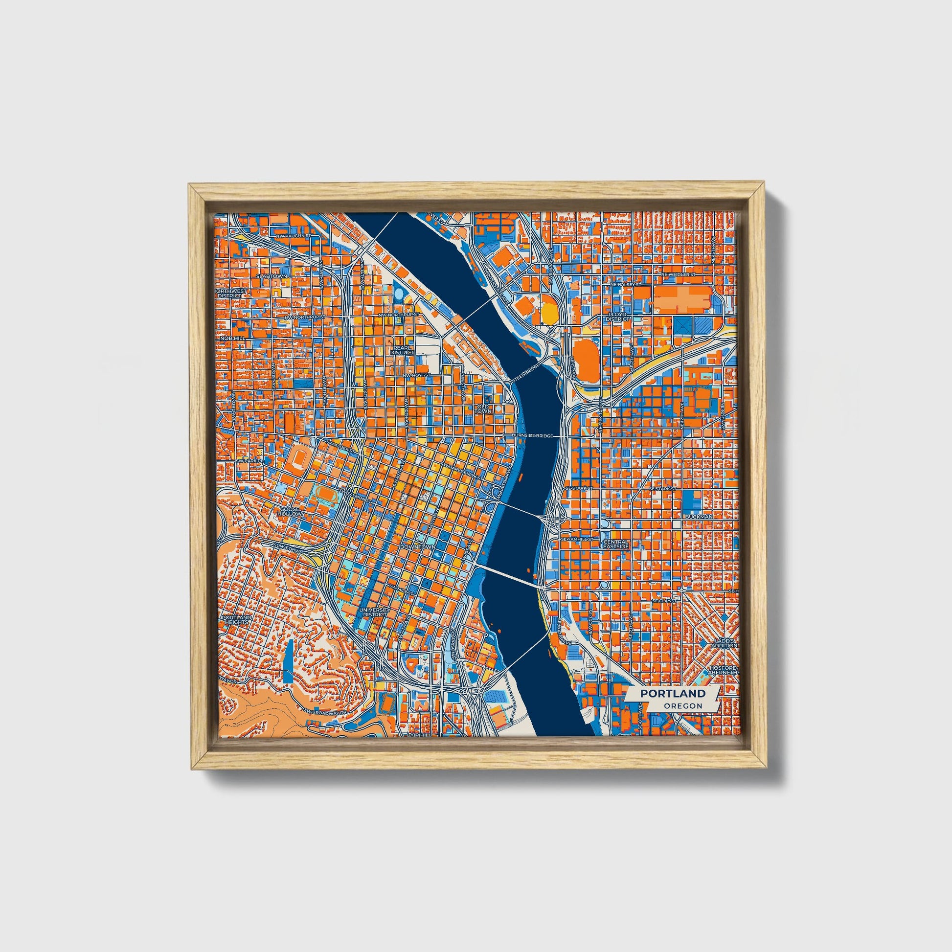 Portland Oregon Colorful City Map Canvas Print • Natural Wooden Framed
