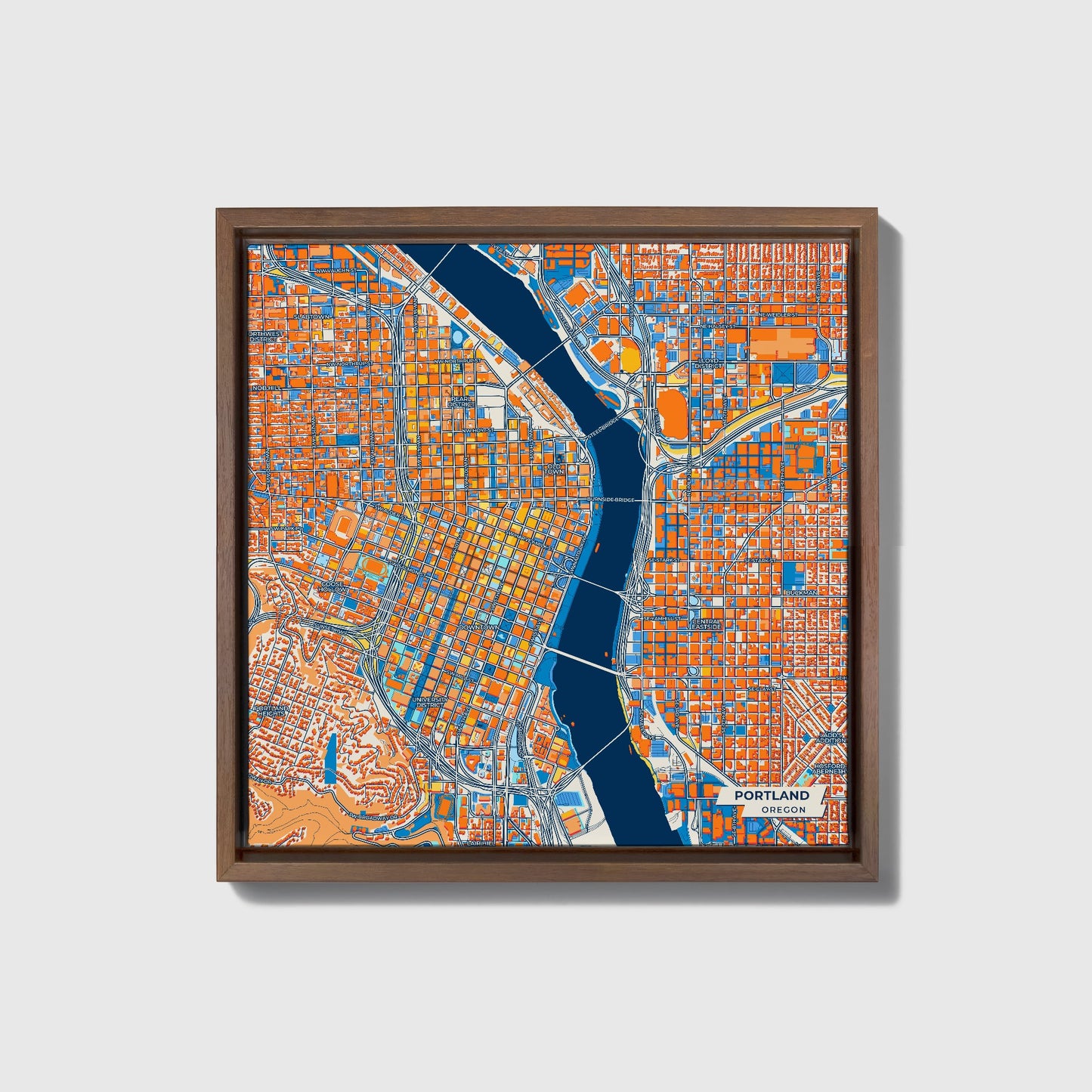 Portland Oregon Colorful City Map Canvas Print • Dark Wooden Framed