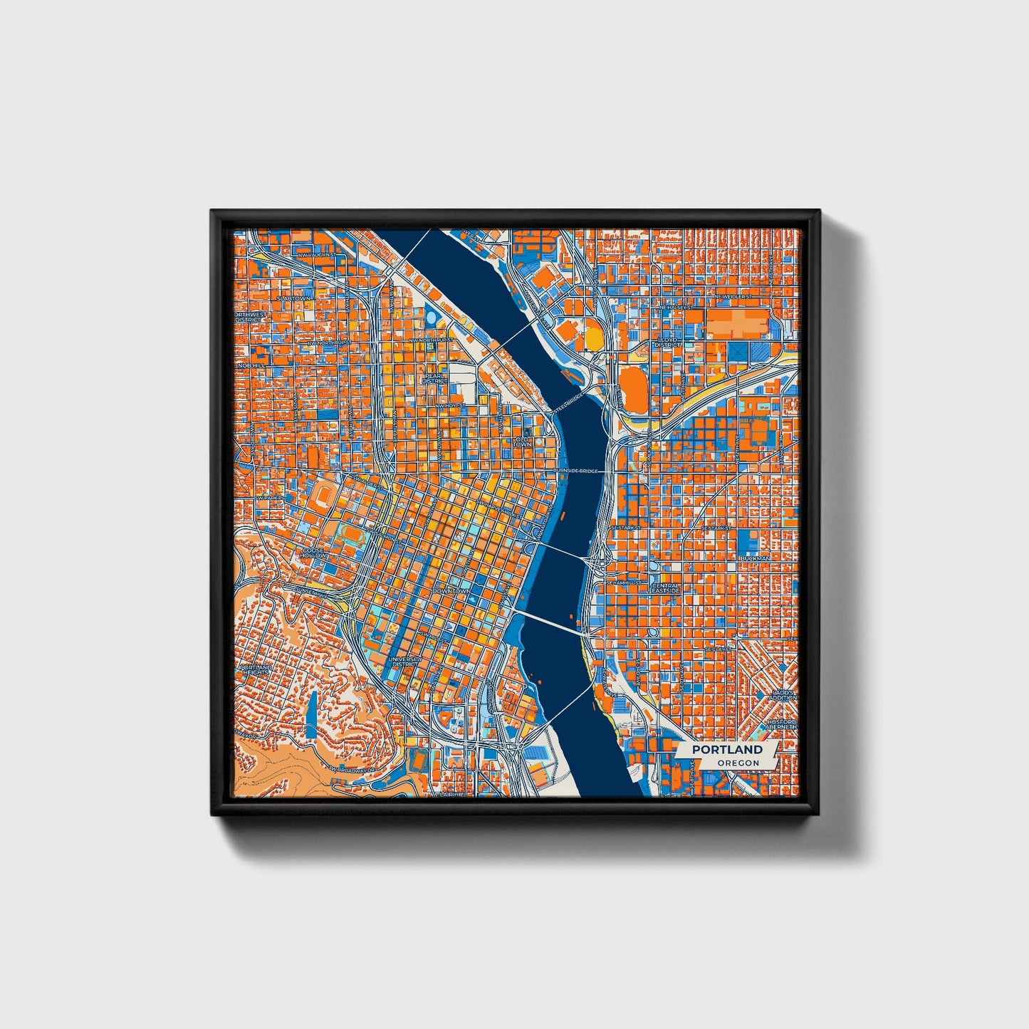 Portland Oregon Colorful City Map Canvas Print • Black Framed
