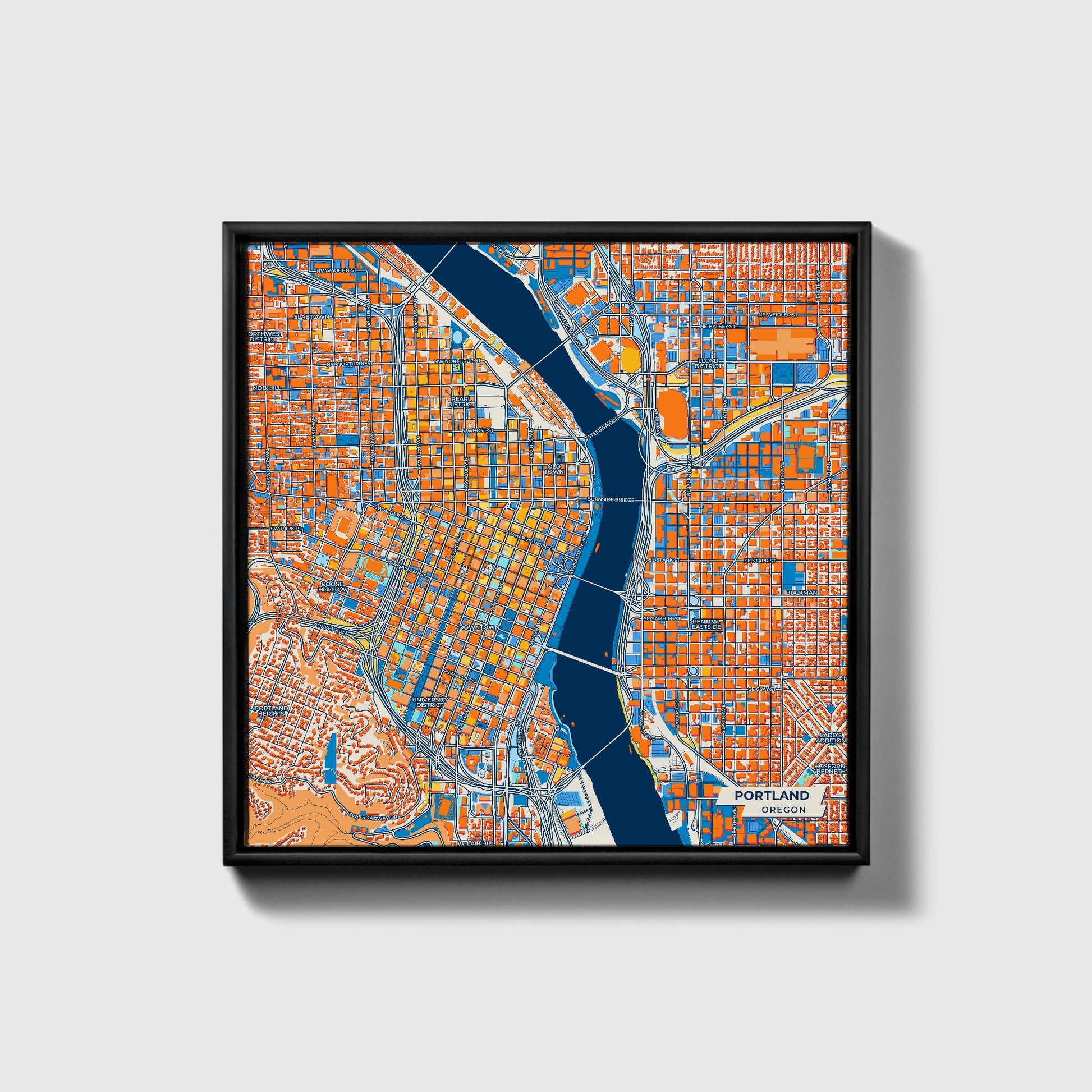 Portland Oregon Colorful City Map Canvas Print • Black Framed