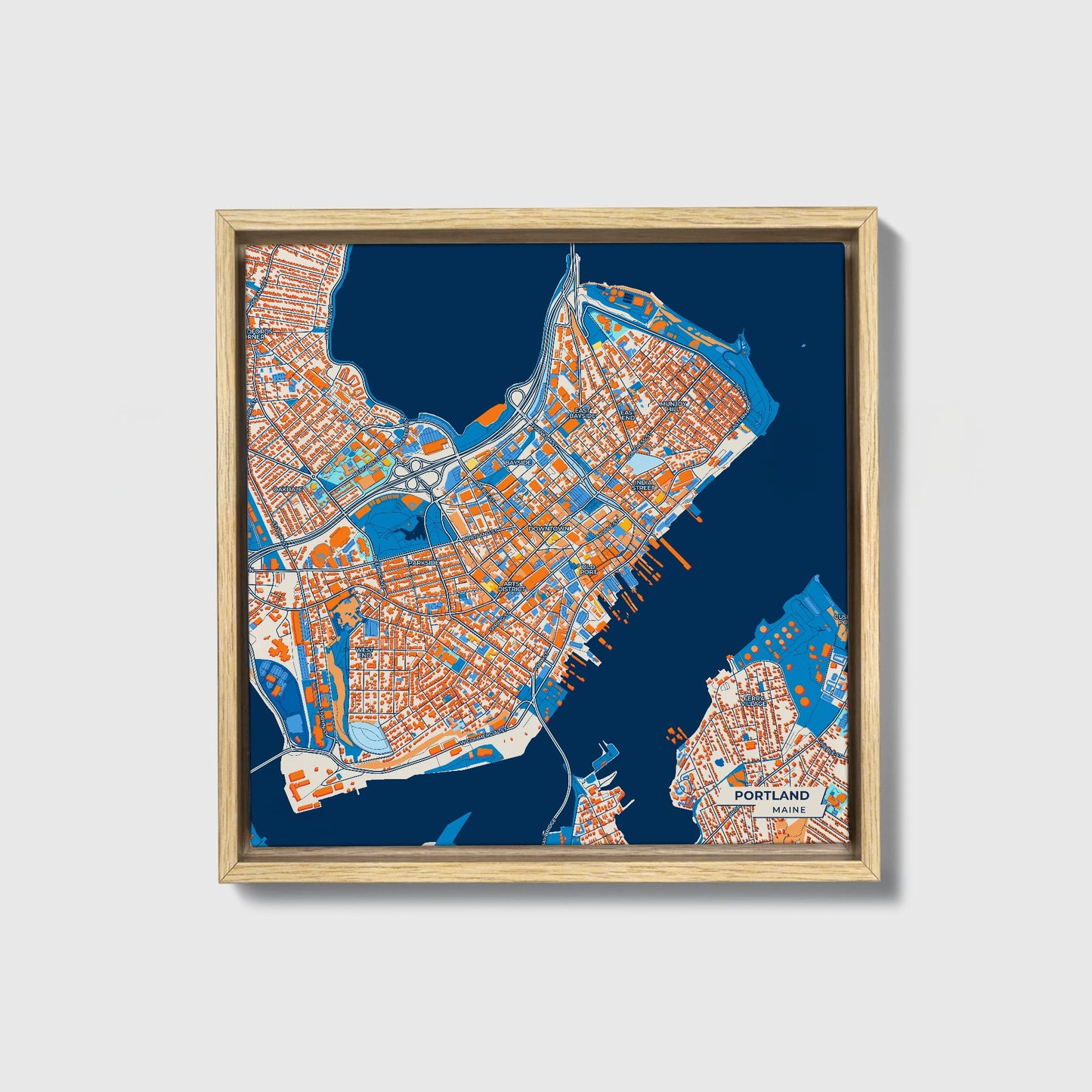 Portland Maine Colorful City Map Canvas Print • Natural Wooden Framed