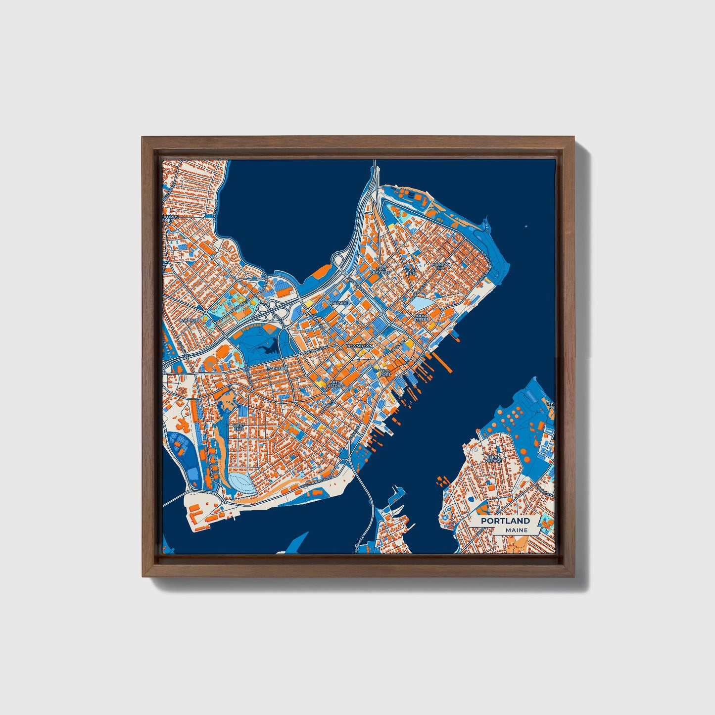 Portland Maine Colorful City Map Canvas Print • Dark Wooden Framed