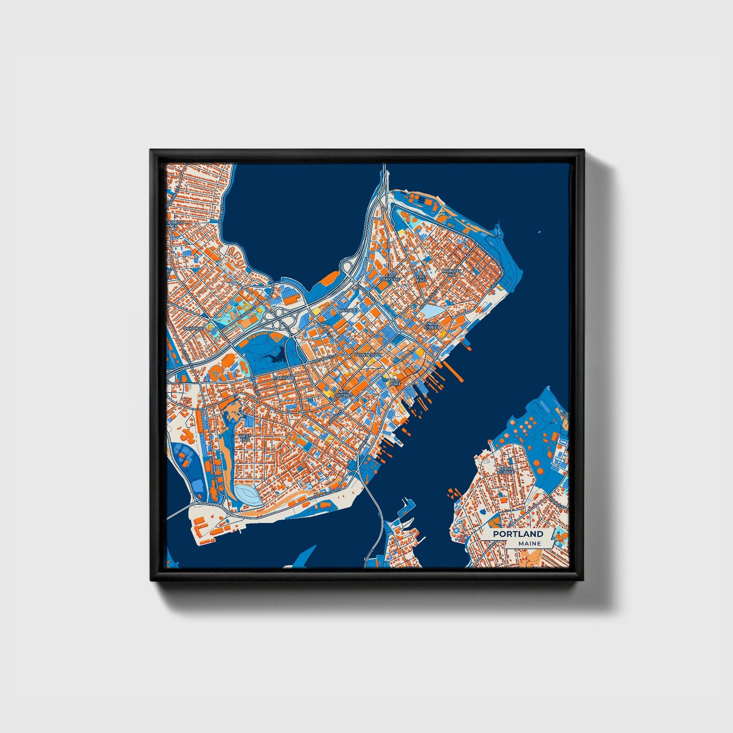 Portland Maine Colorful City Map Canvas Print • Black Framed