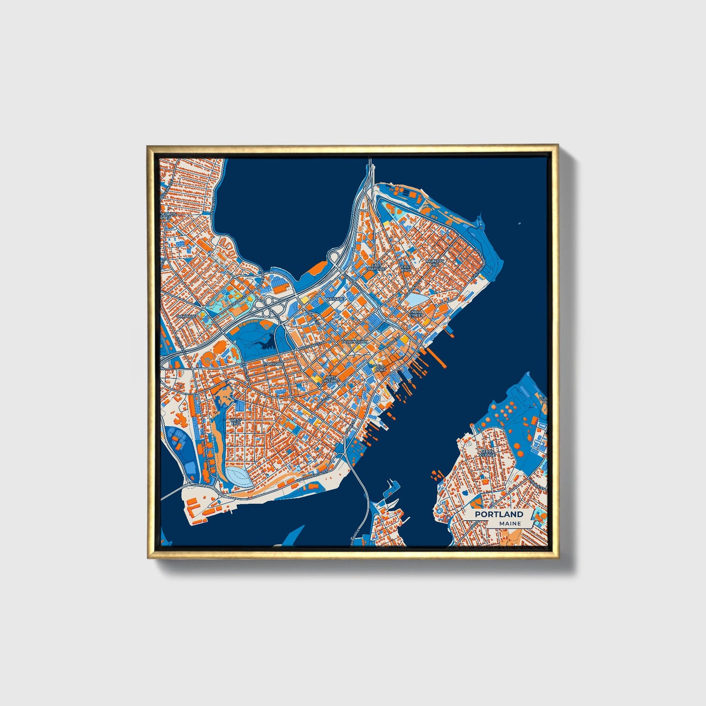 Portland Maine Colorful City Map Canvas Print • Gold Framed