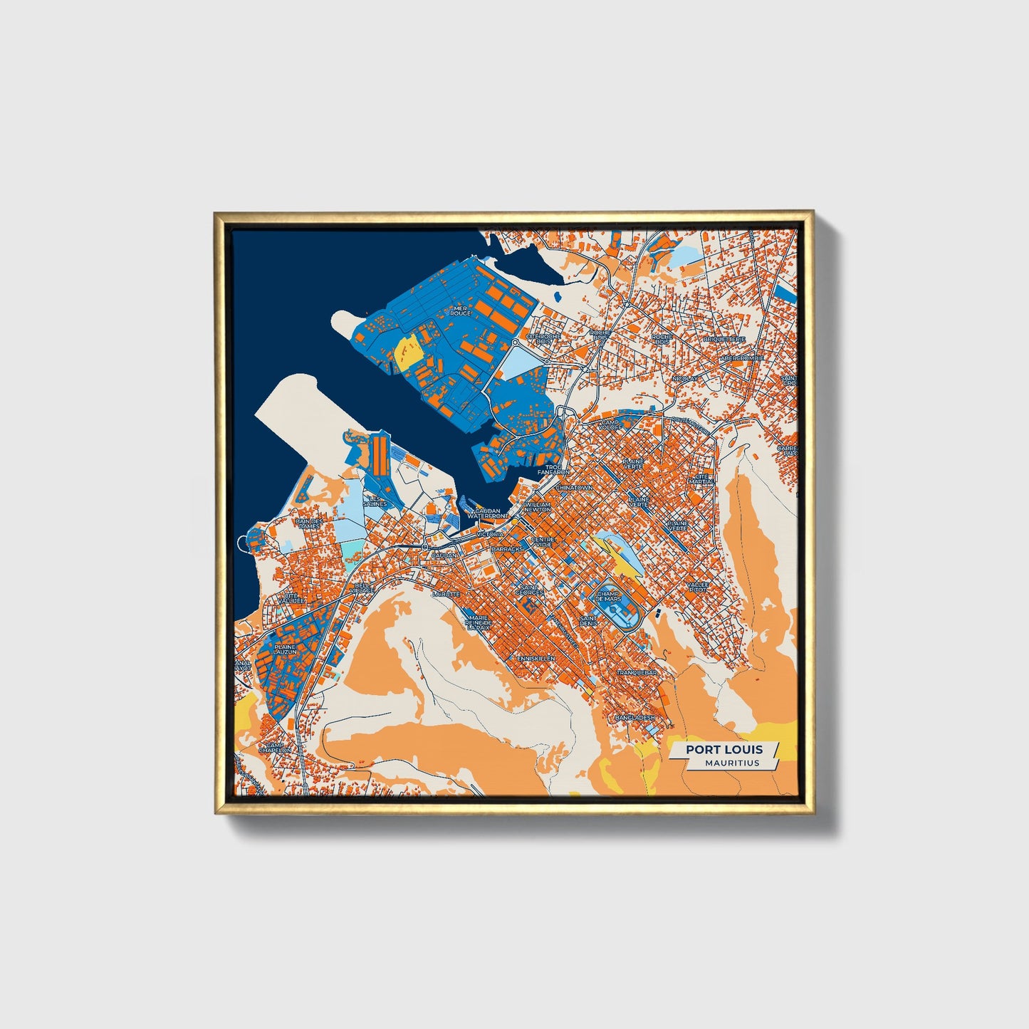 Port Louis Mauritius Colorful City Map Canvas Print • Gold Framed