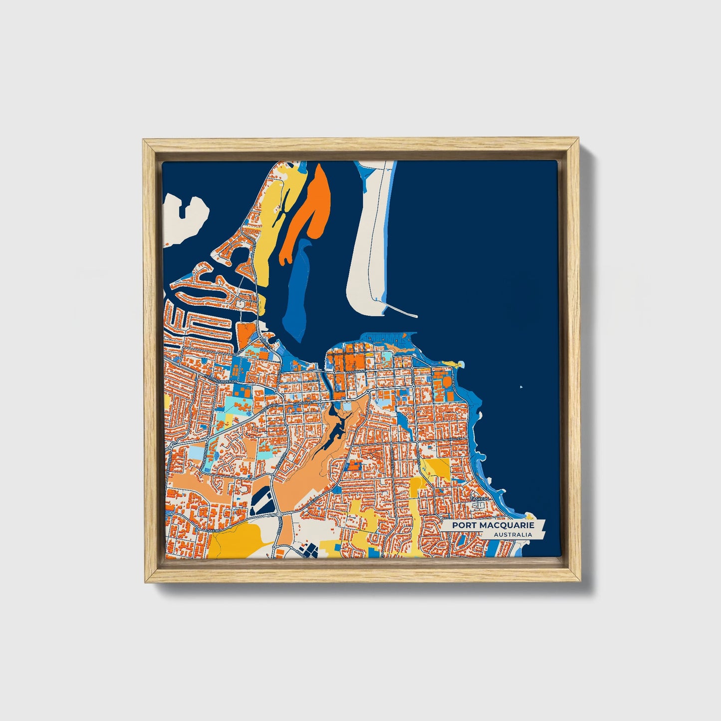 Port Macquarie Australia Colorful City Map Canvas Print • Natural Wooden Framed