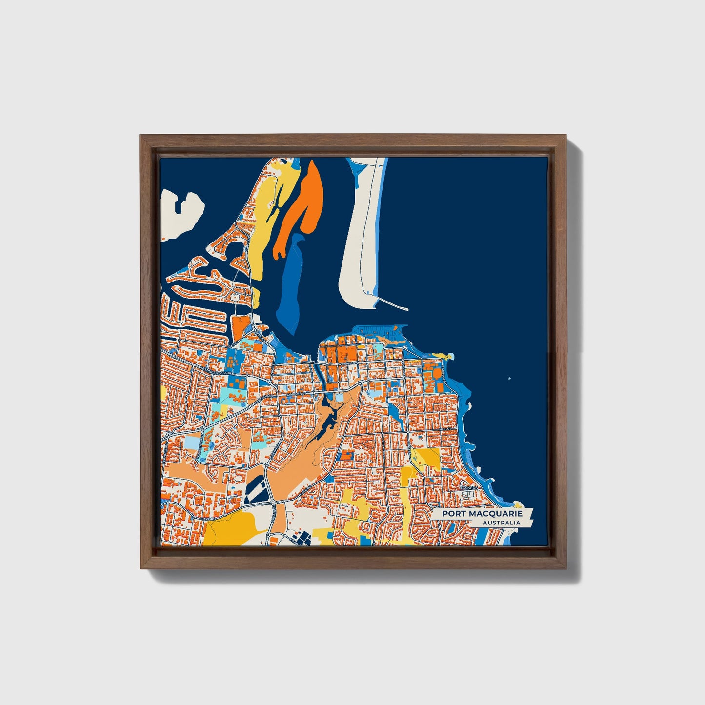 Port Macquarie Australia Colorful City Map Canvas Print • Dark Wooden Framed
