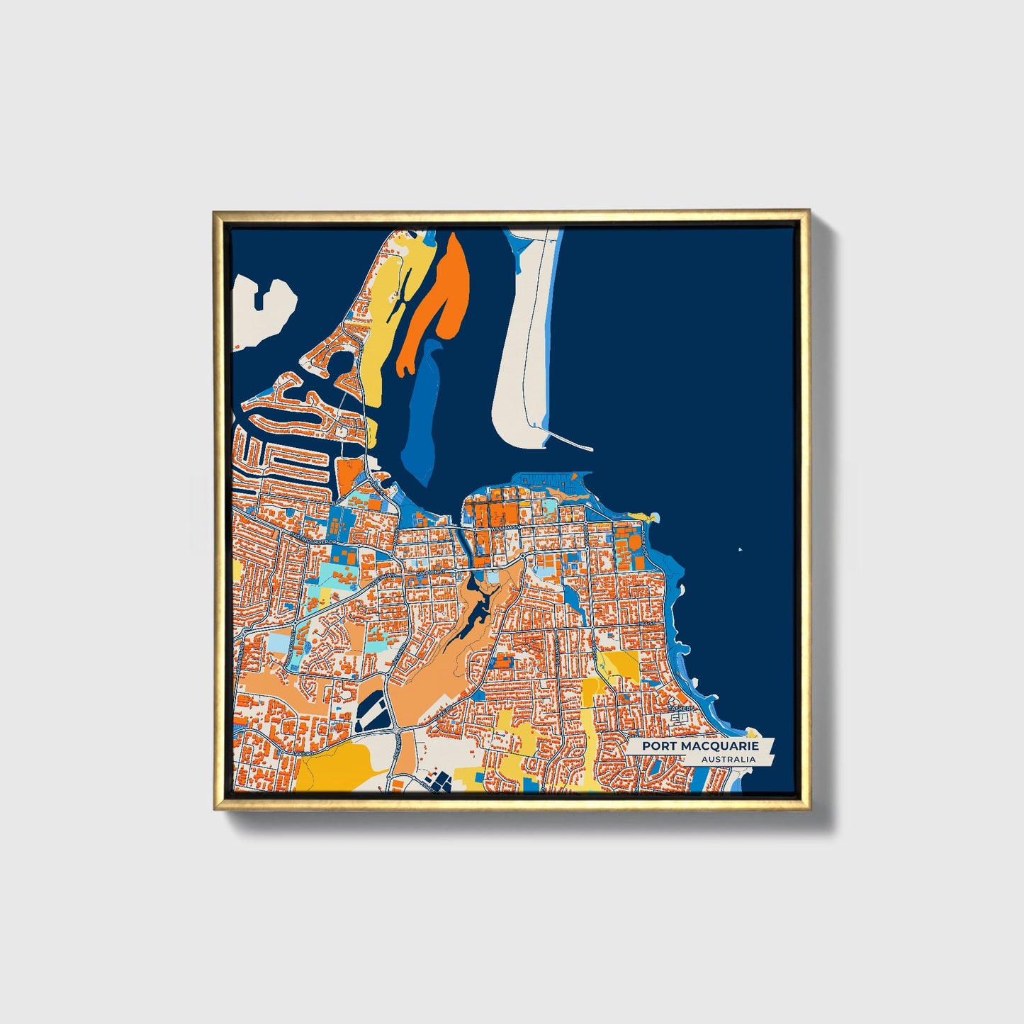 Port Macquarie Australia Colorful City Map Canvas Print • Gold Framed
