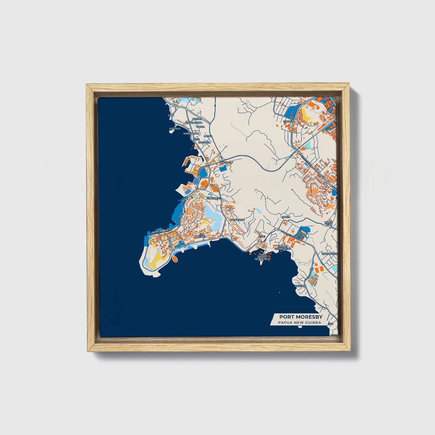 Port Moresby Papua New Guinea Colorful City Map Canvas Print • Natural Wooden Framed
