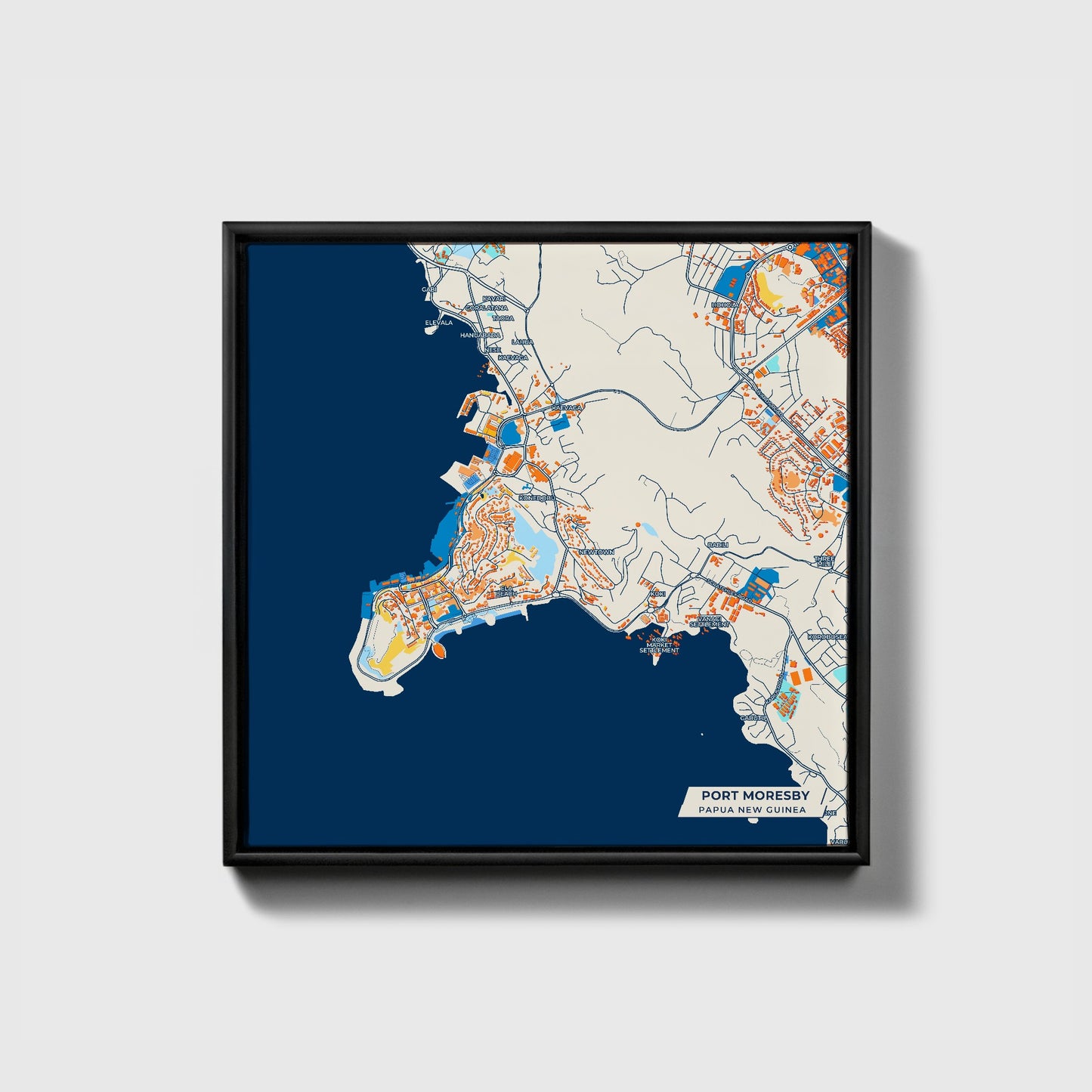 Port Moresby Papua New Guinea Colorful City Map Canvas Print • Black Framed