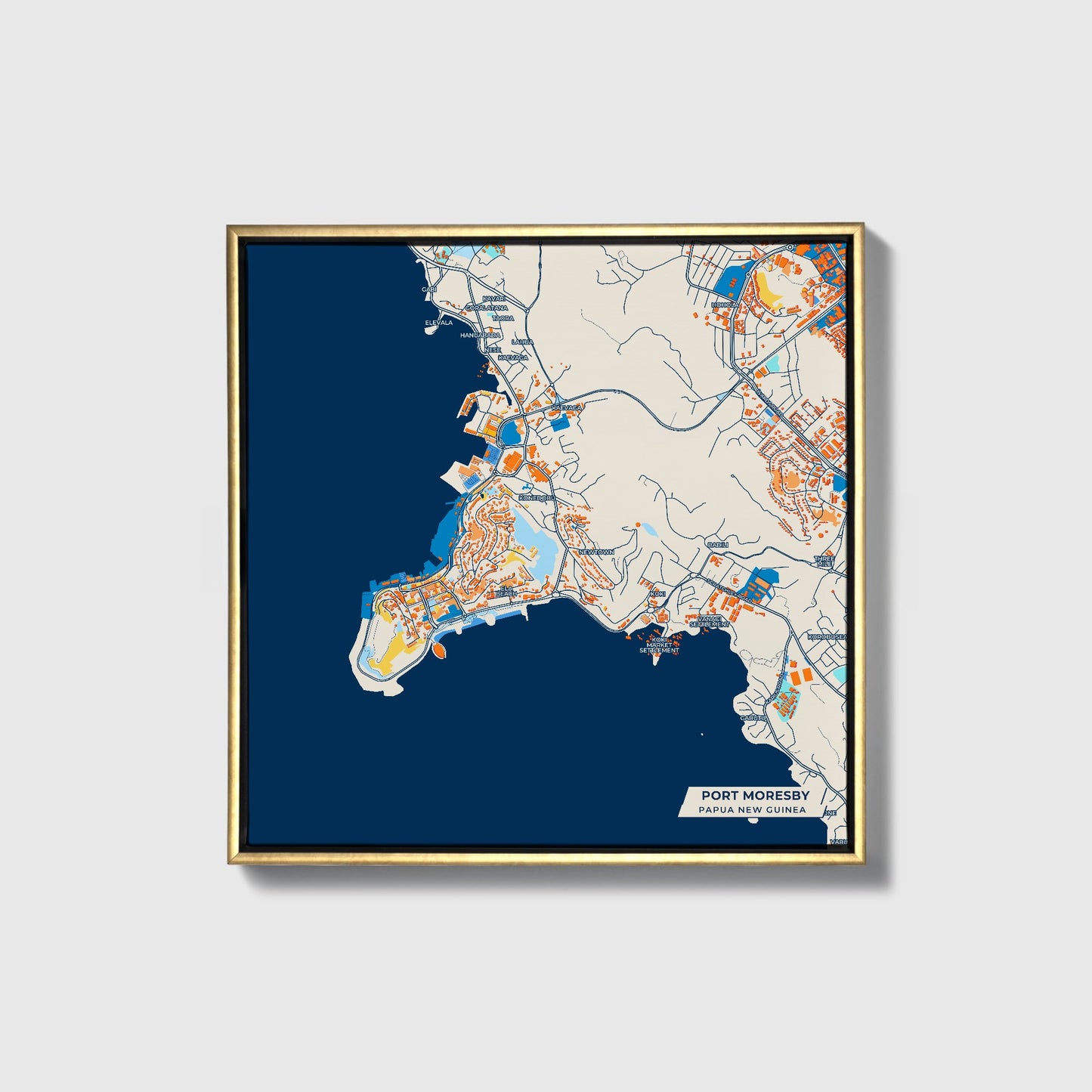 Port Moresby Papua New Guinea Colorful City Map Canvas Print • Gold Framed