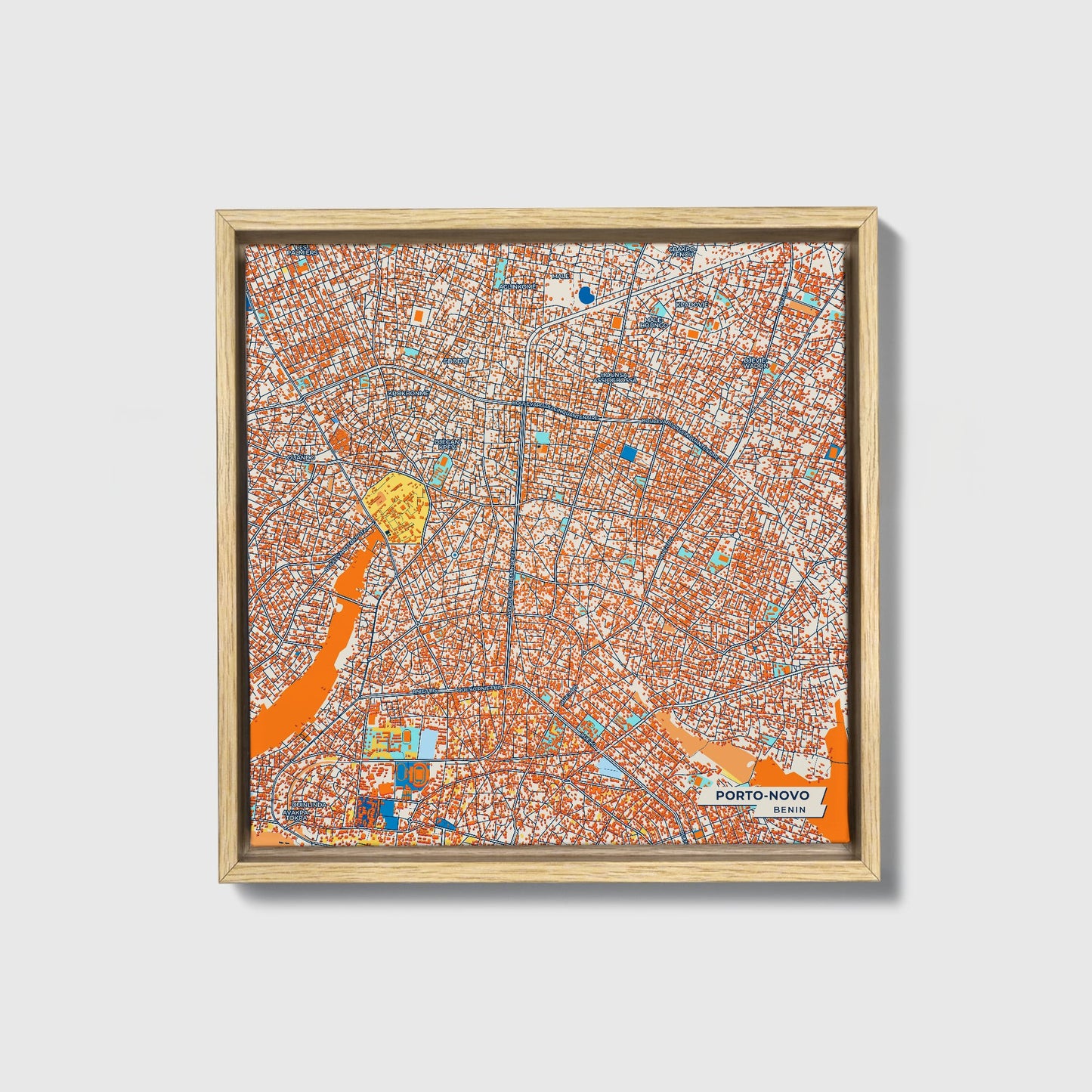 Porto-Novo Benin Colorful City Map Canvas Print • Natural Wooden Framed