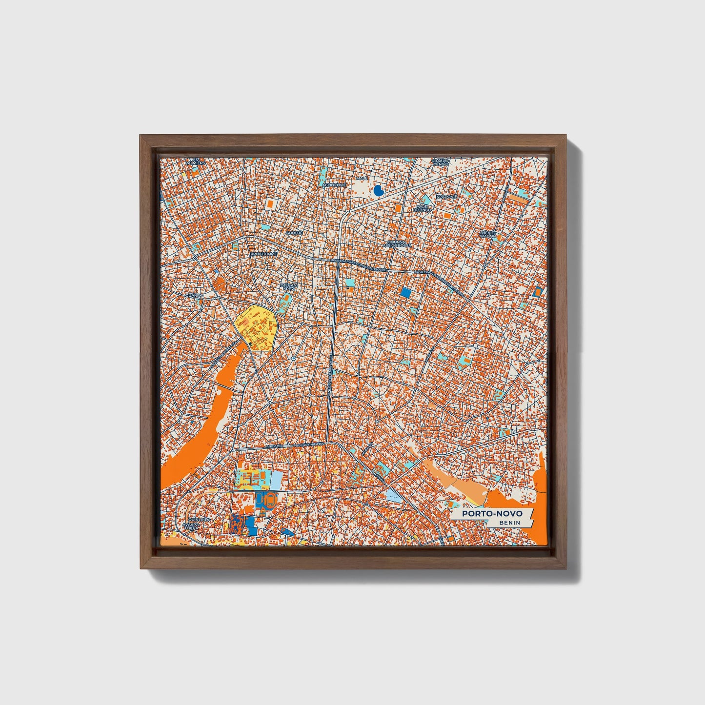 Porto-Novo Benin Colorful City Map Canvas Print • Dark Wooden Framed