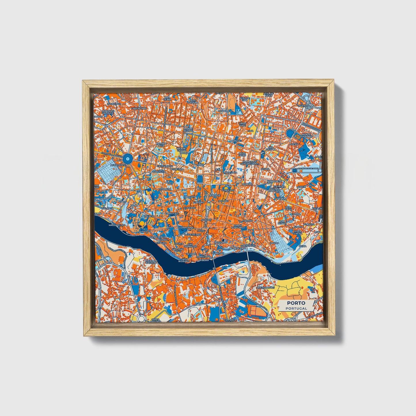 Porto Portugal Colorful City Map Canvas Print • Natural Wooden Framed