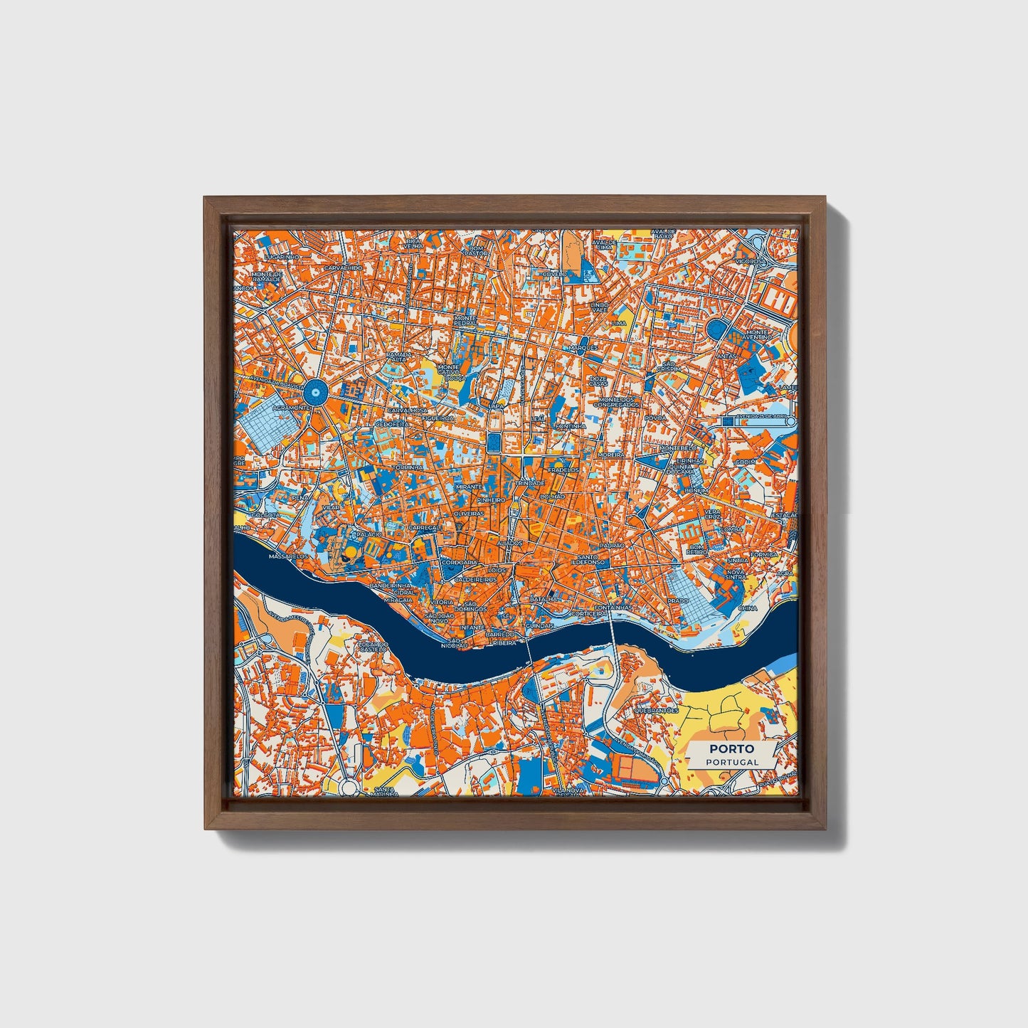 Porto Portugal Colorful City Map Canvas Print • Dark Wooden Framed