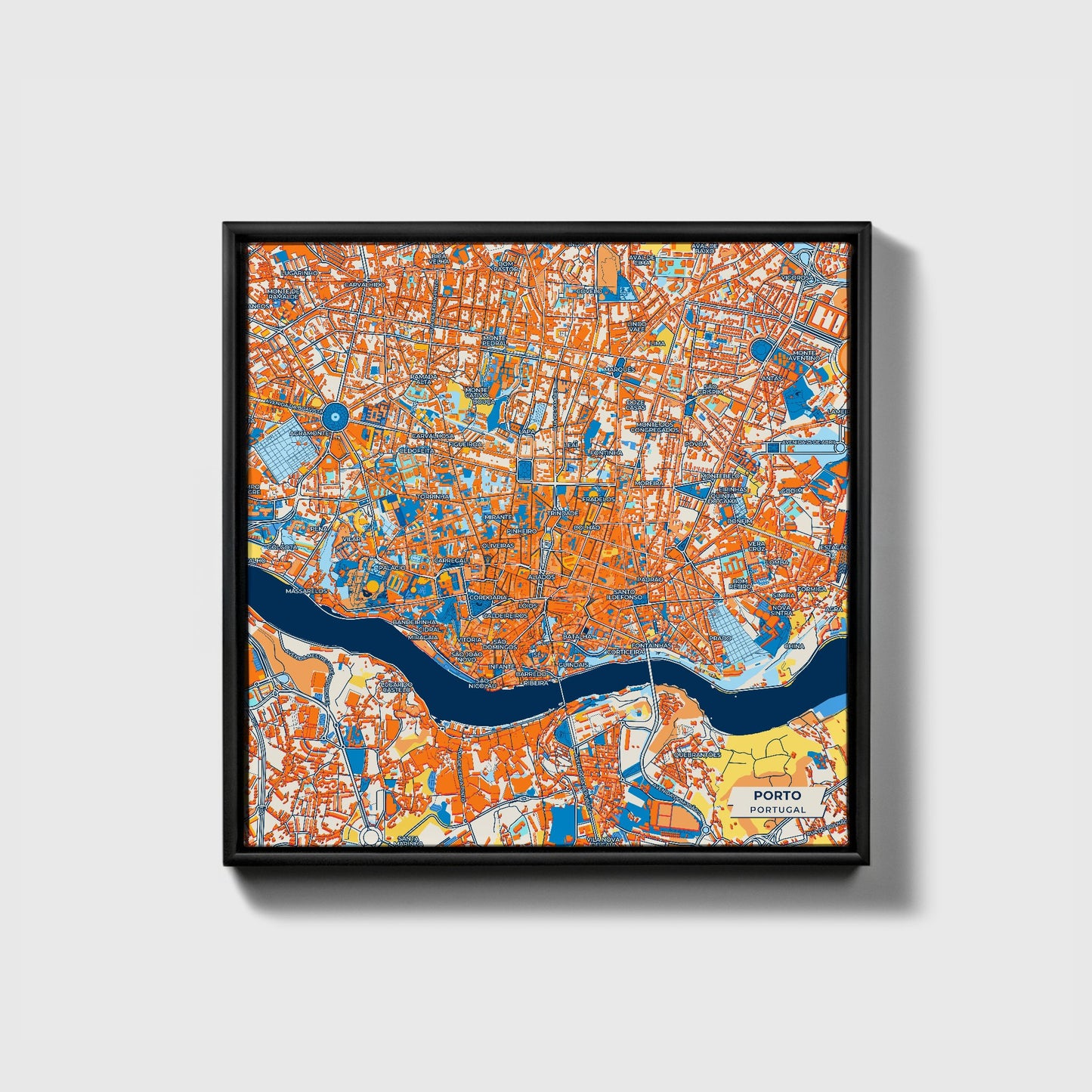 Porto Portugal Colorful City Map Canvas Print • Black Framed