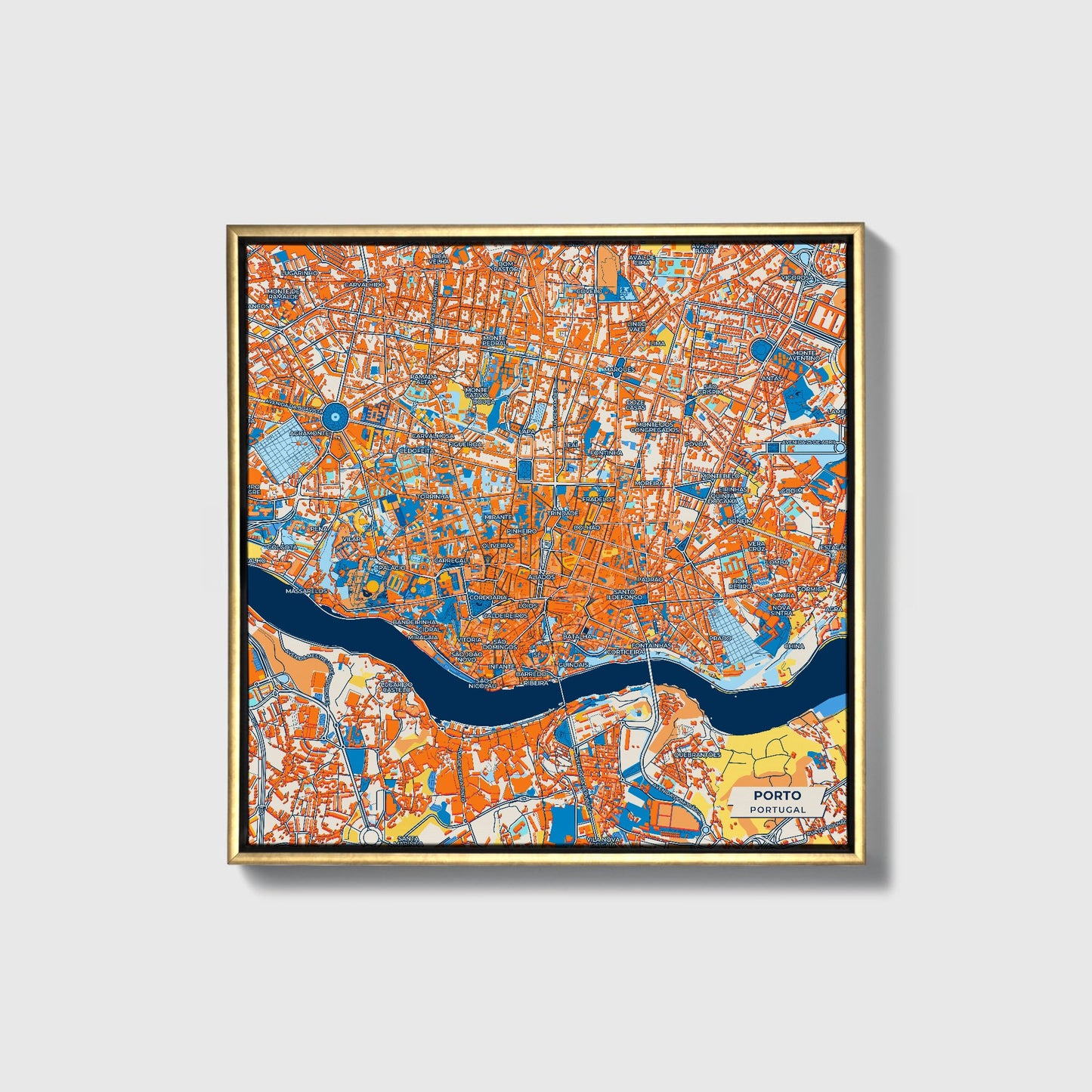 Porto Portugal Colorful City Map Canvas Print • Gold Framed