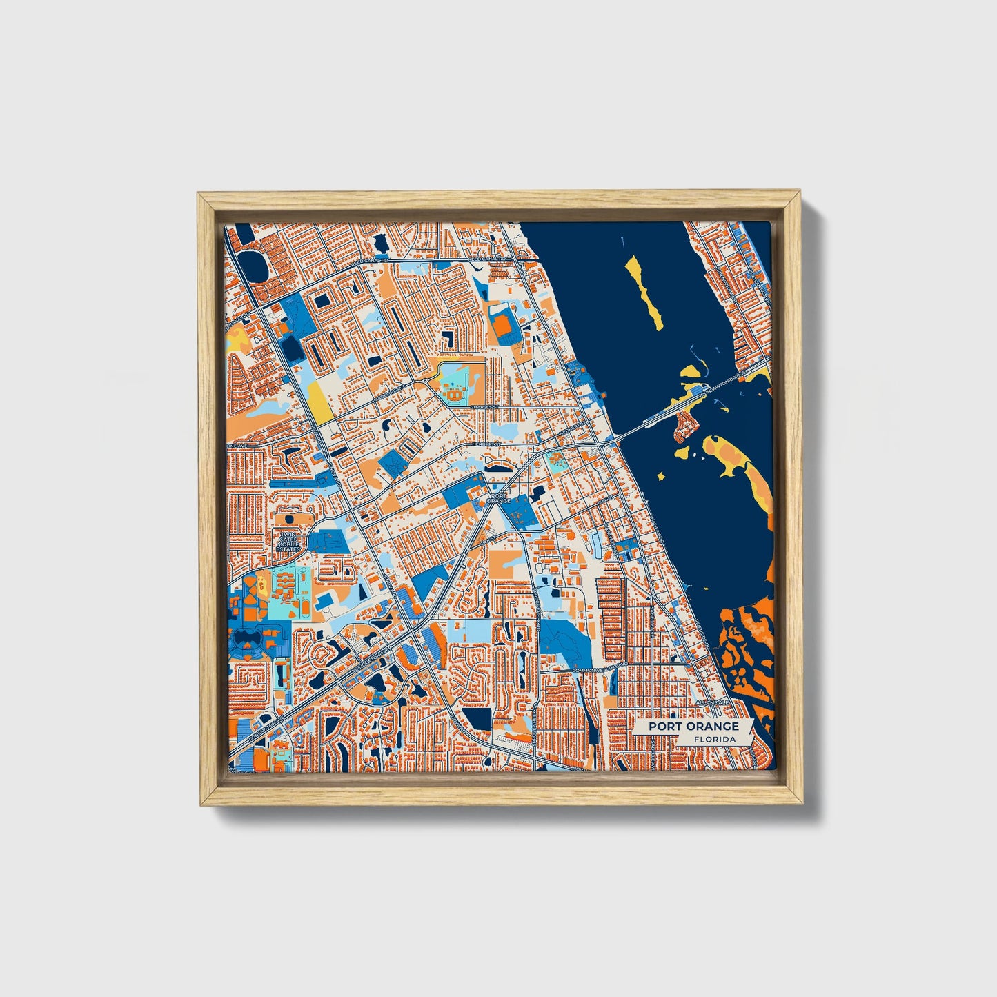 Port Orange Florida Colorful City Map Canvas Print • Natural Wooden Framed