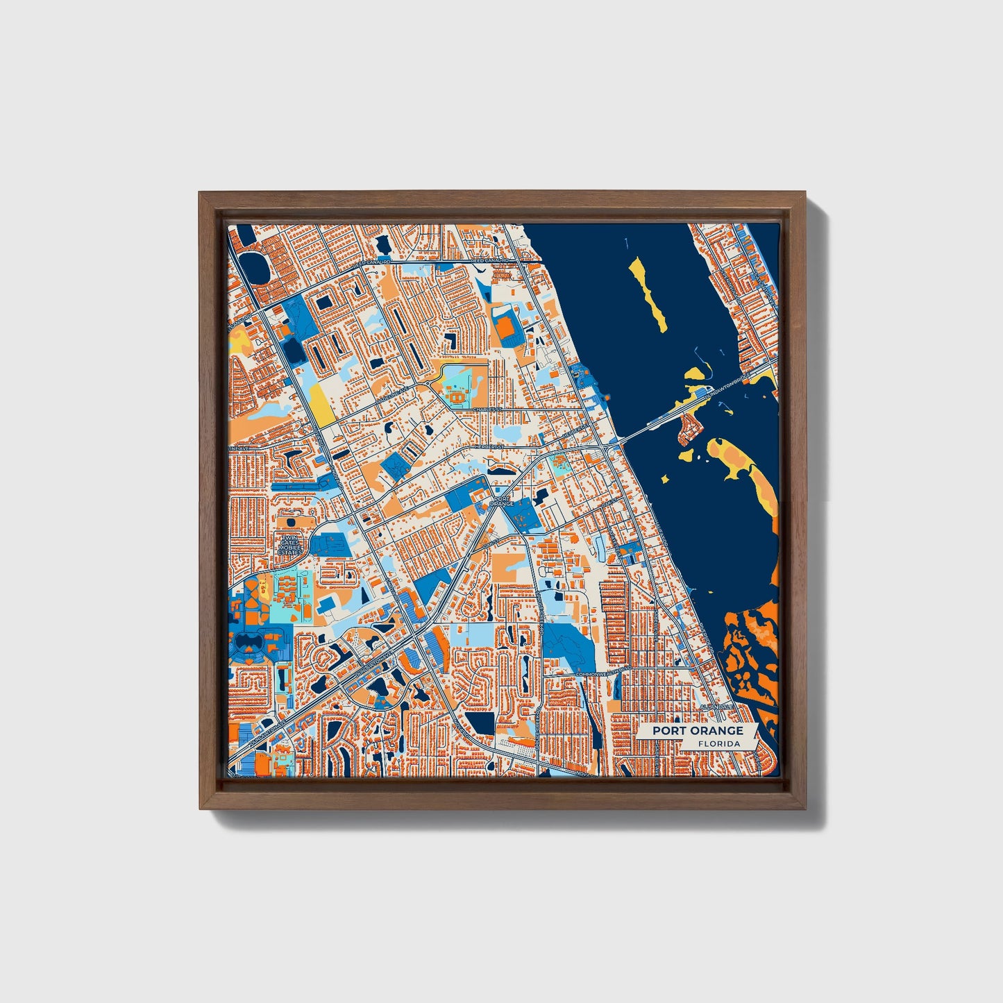Port Orange Florida Colorful City Map Canvas Print • Dark Wooden Framed