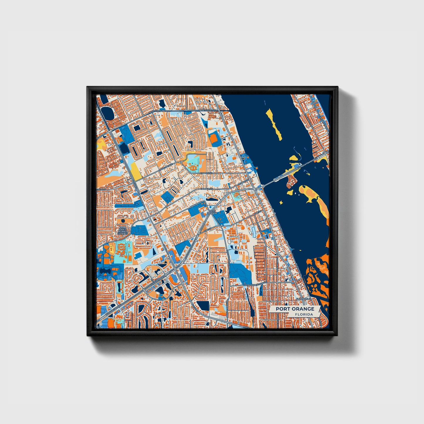 Port Orange Florida Colorful City Map Canvas Print • Black Framed