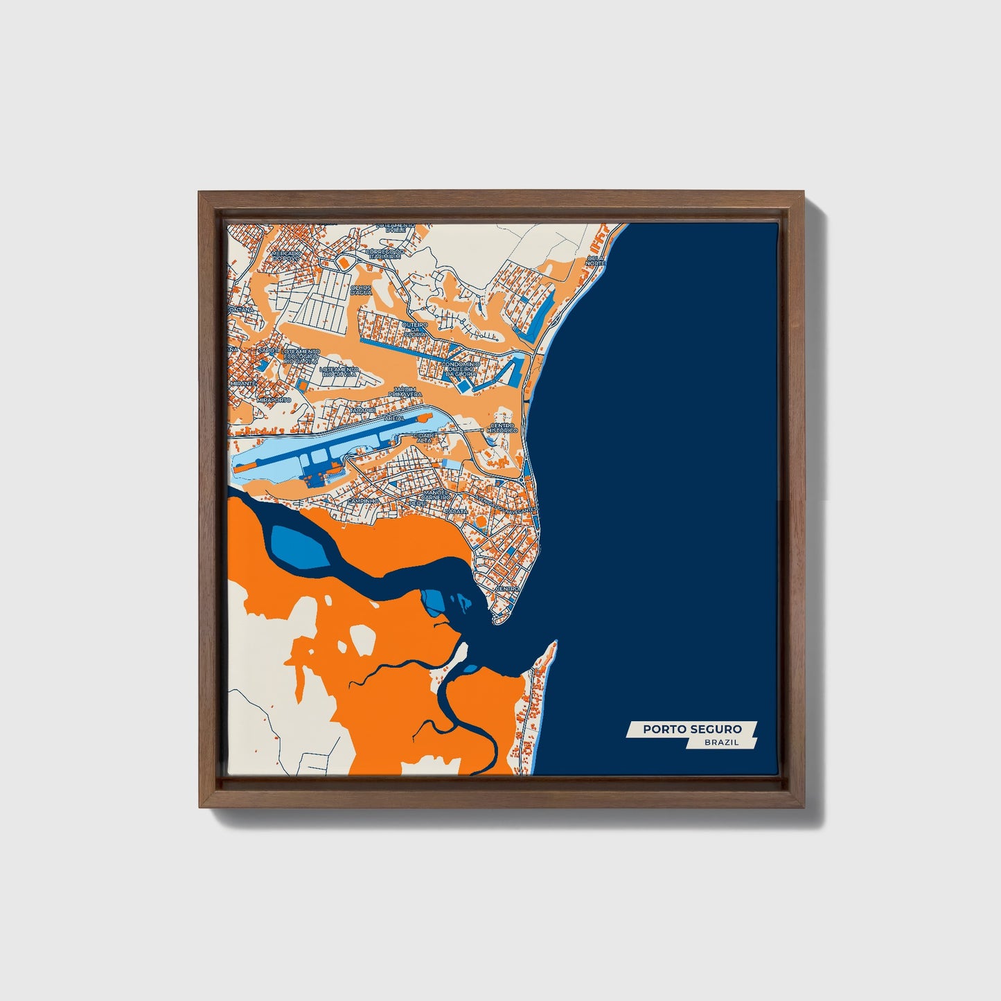 Porto Seguro Brazil Colorful City Map Canvas Print • Dark Wooden Framed