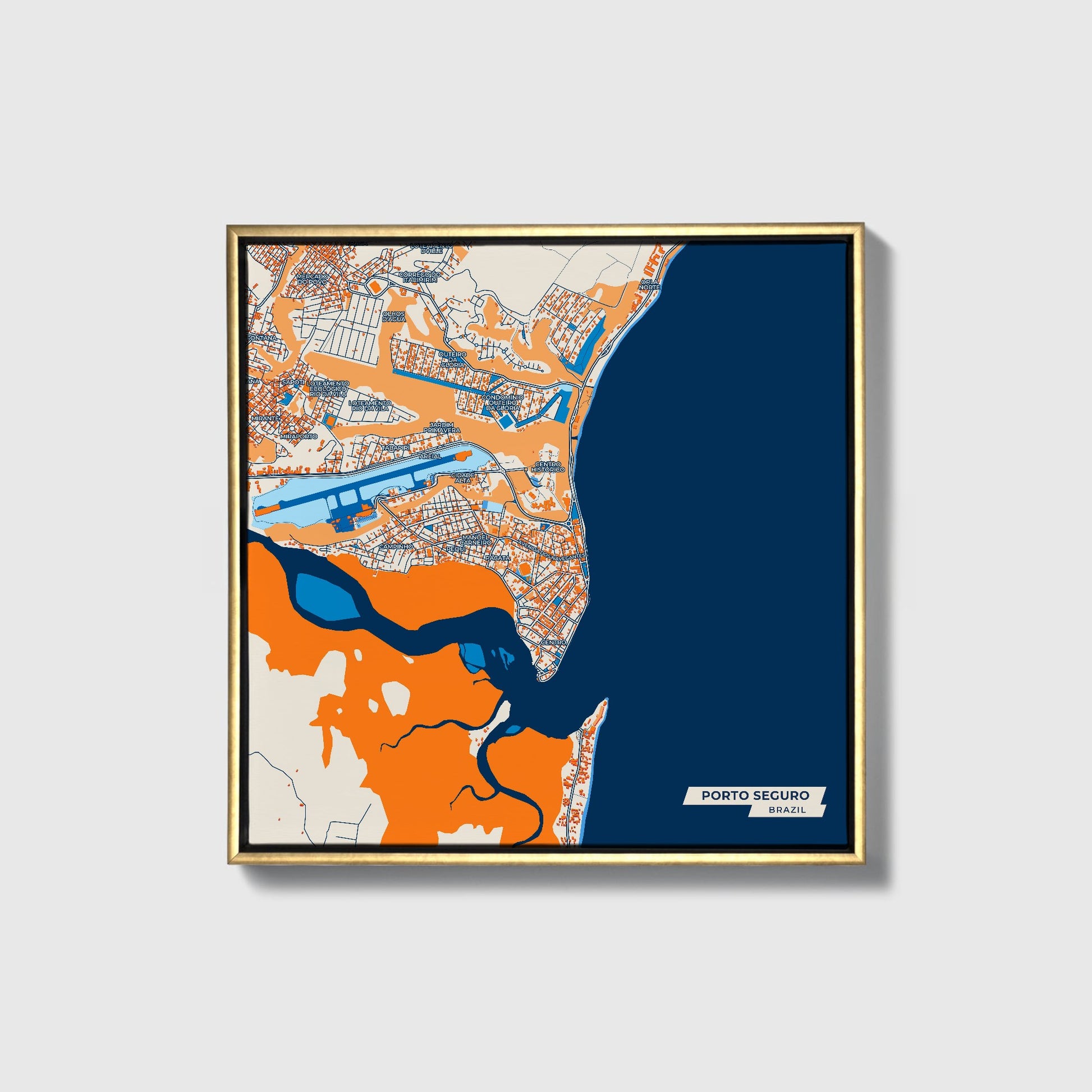 Porto Seguro Brazil Colorful City Map Canvas Print • Gold Framed