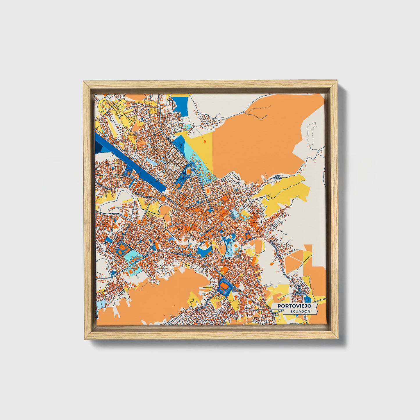 Portoviejo Ecuador Colorful City Map Canvas Print • Natural Wooden Framed