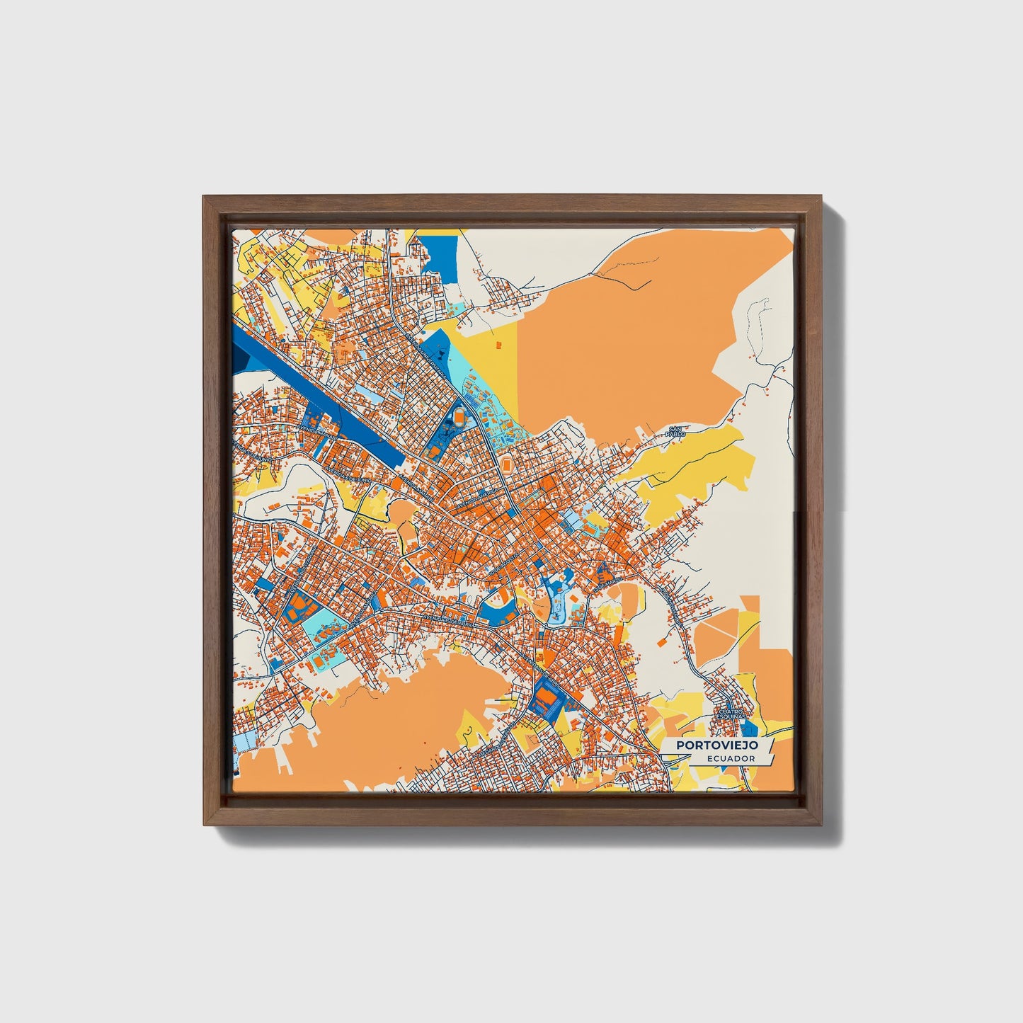Portoviejo Ecuador Colorful City Map Canvas Print • Dark Wooden Framed