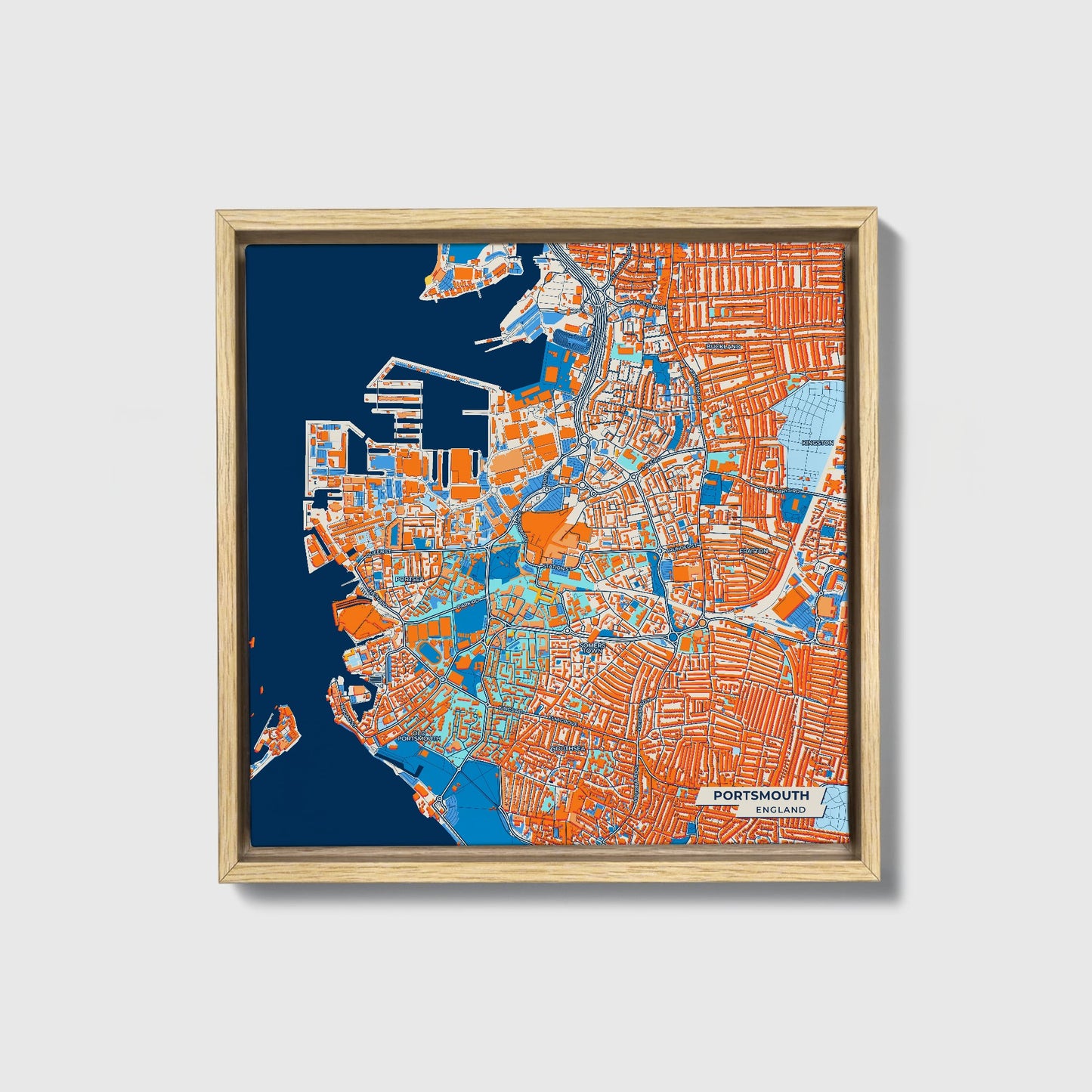 Portsmouth England Colorful City Map Canvas Print • Natural Wooden Framed