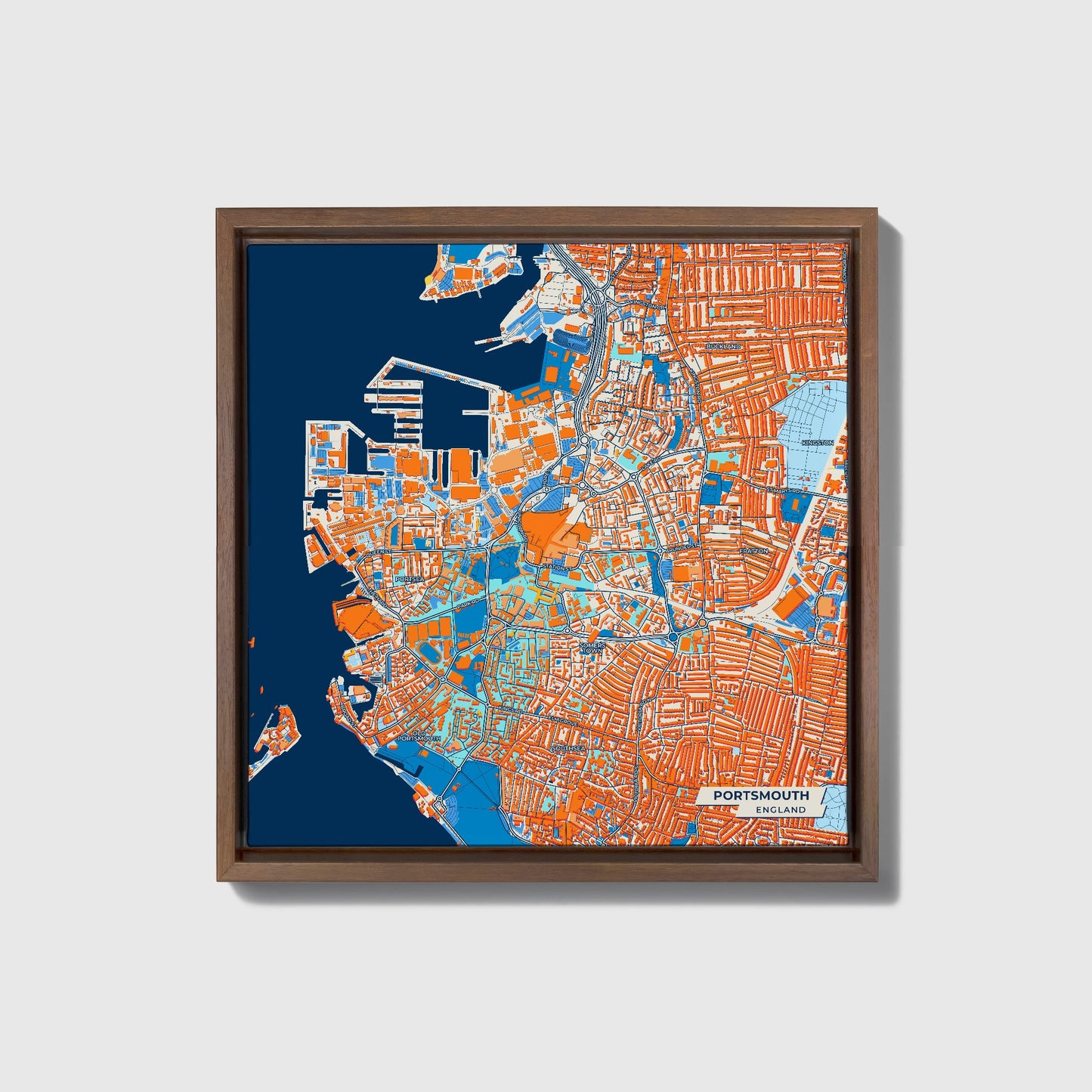 Portsmouth England Colorful City Map Canvas Print • Dark Wooden Framed