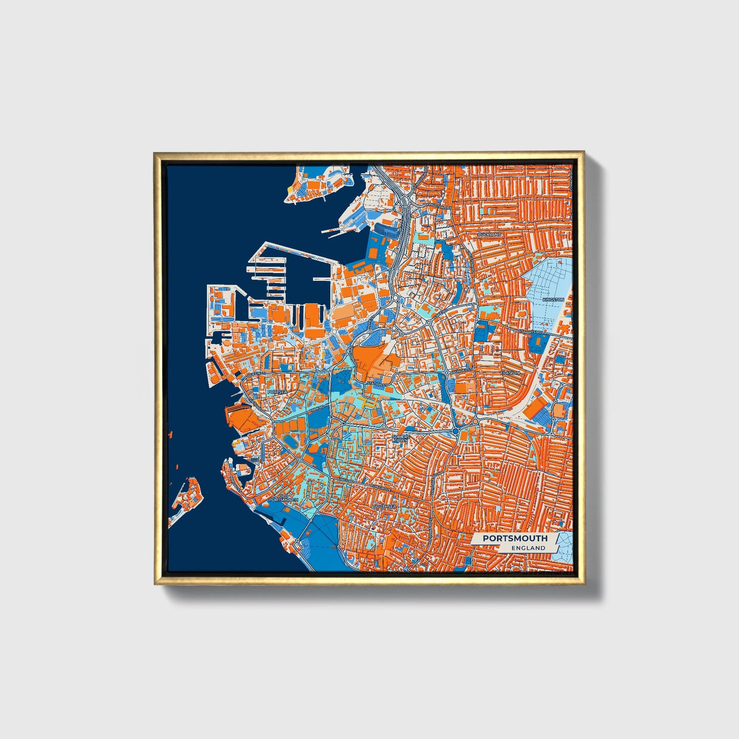 Portsmouth England Colorful City Map Canvas Print • Gold Framed