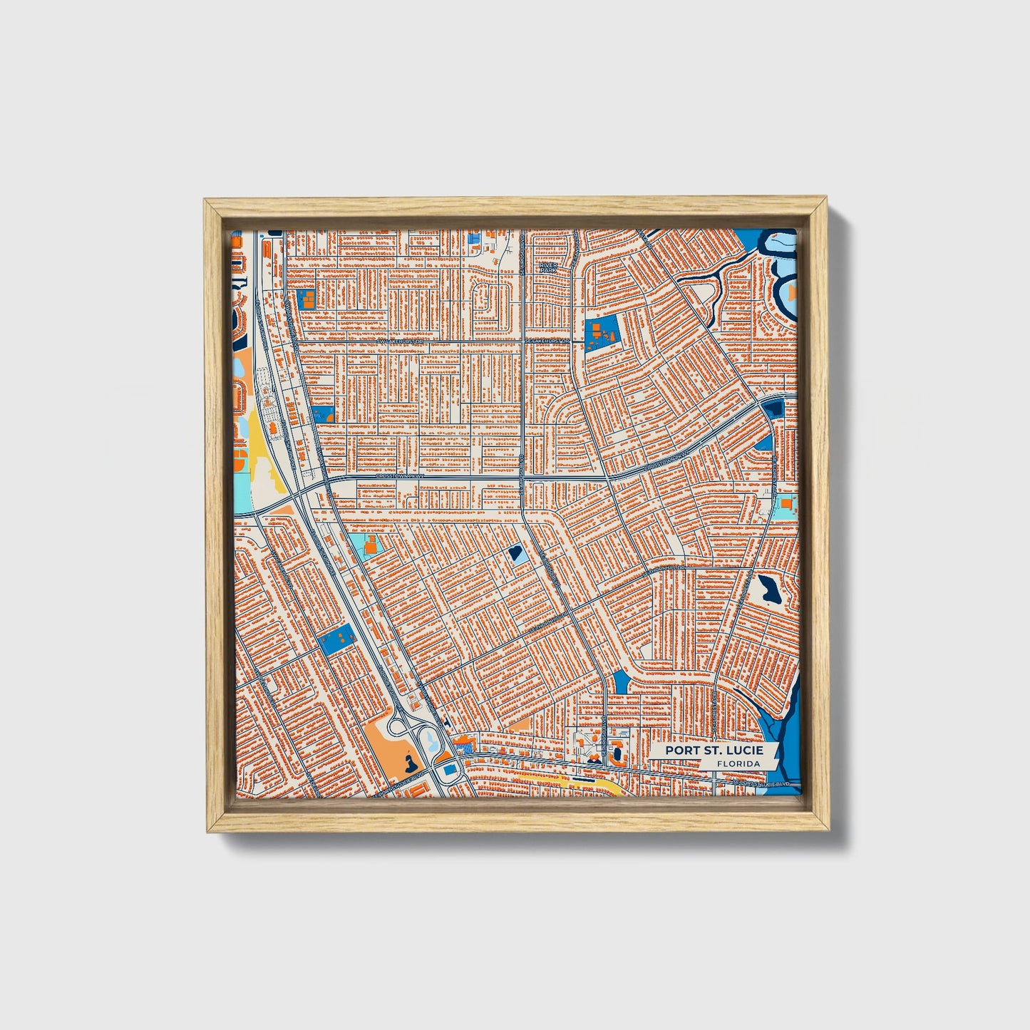 Port St. Lucie Florida Colorful City Map Canvas Print • Natural Wooden Framed