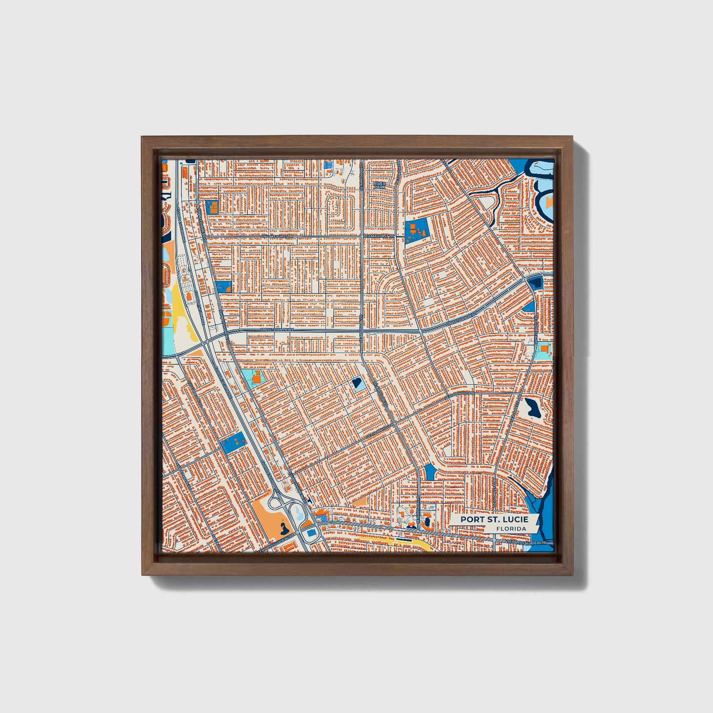 Port St. Lucie Florida Colorful City Map Canvas Print • Dark Wooden Framed